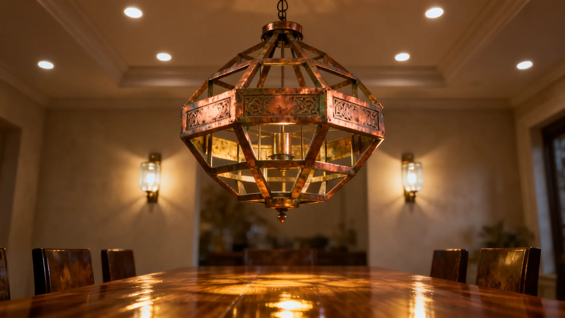 Statement chandelier with layered recessed and wall lighting over a dining table