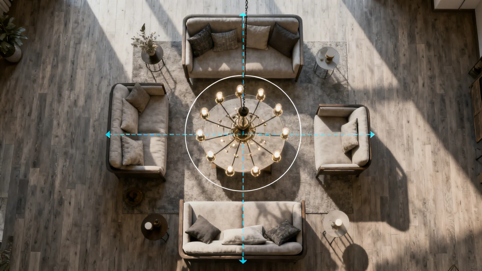 Top-down view showing chandelier sizing guidelines relative to a seating cluster.