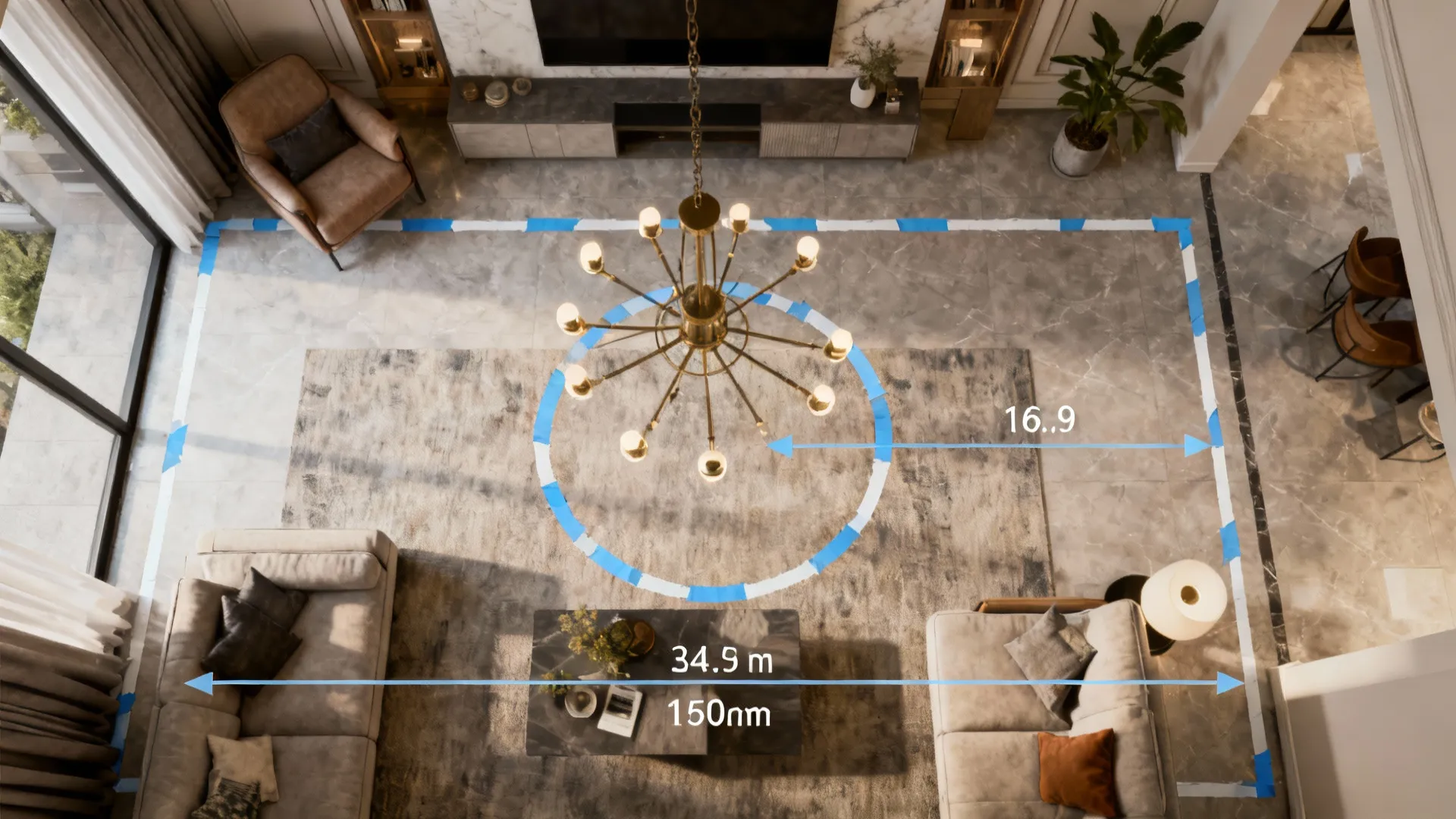 Top-down mock-up of chandelier footprint on living room floor showing scale relative to ceiling height