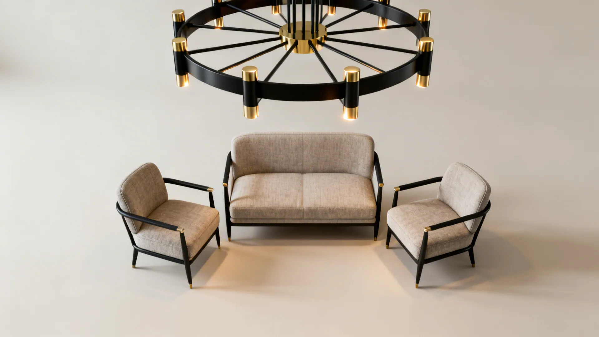 Chandelier sized proportionally above a compact sofa and two chairs, showing correct scale.