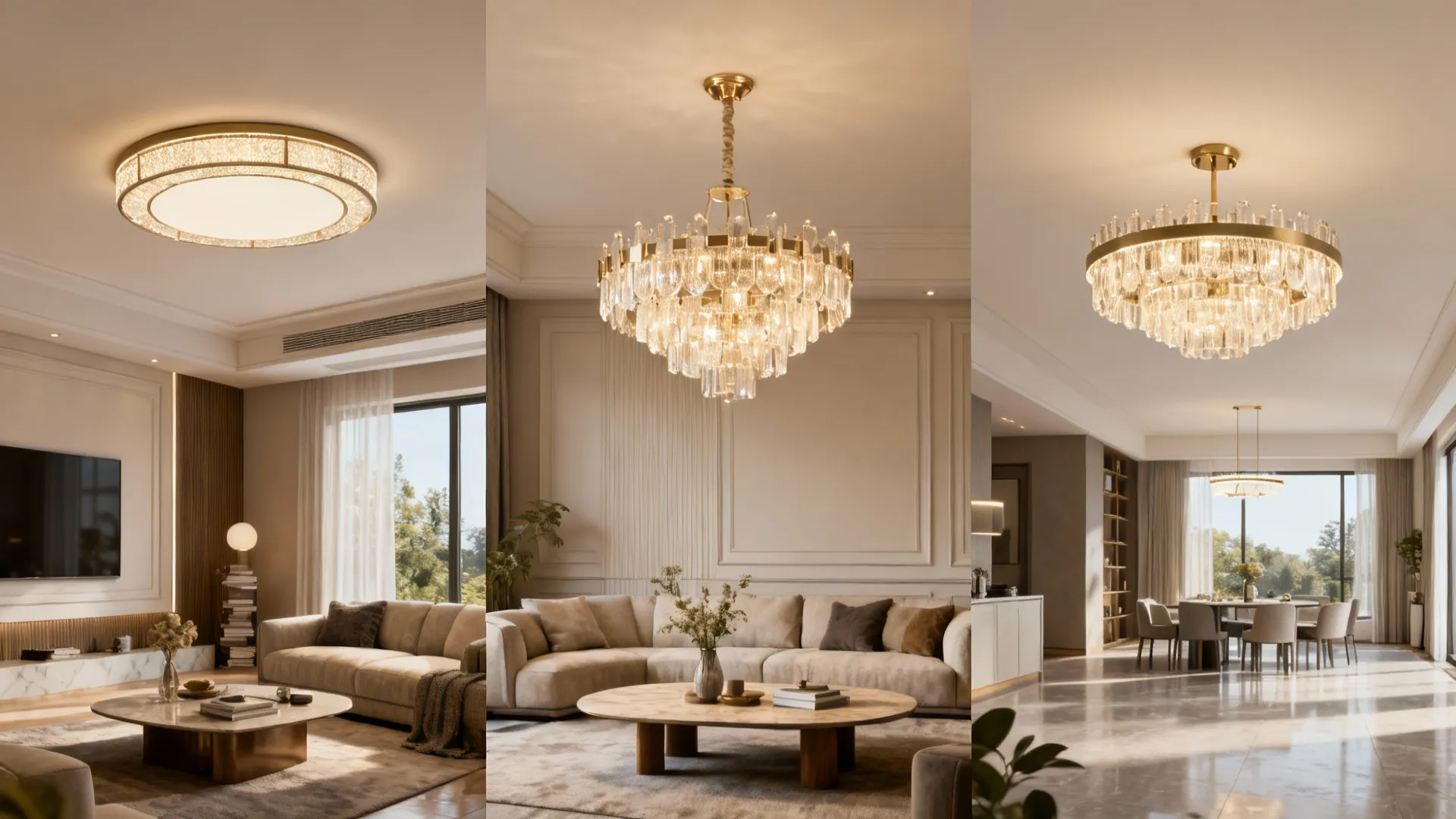 Collage of chandelier options for different ceiling heights and room layouts