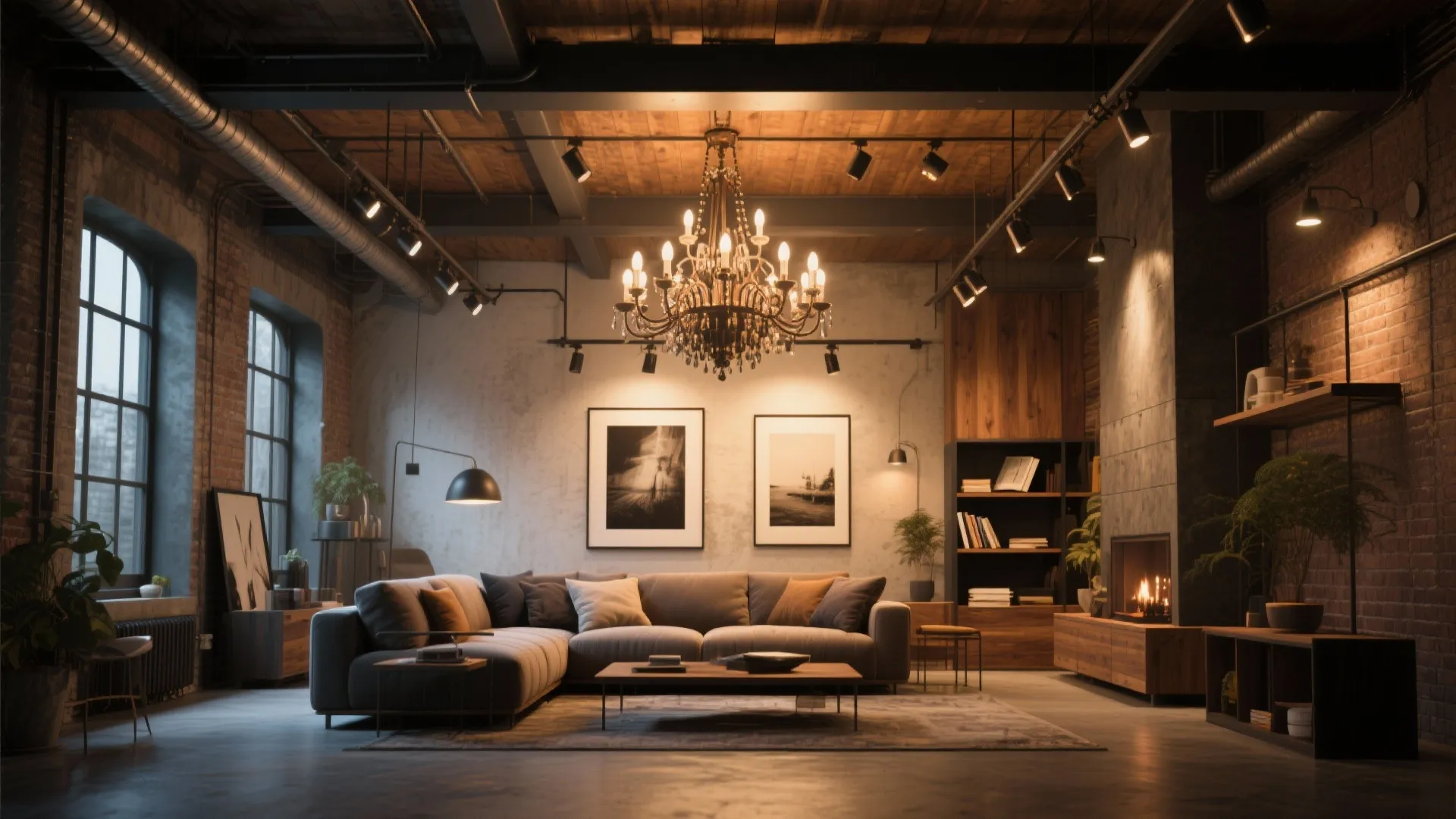 Bold chandelier anchors seating while adjustable spotlights highlight art and a reading nook in a high-ceiling loft living room.