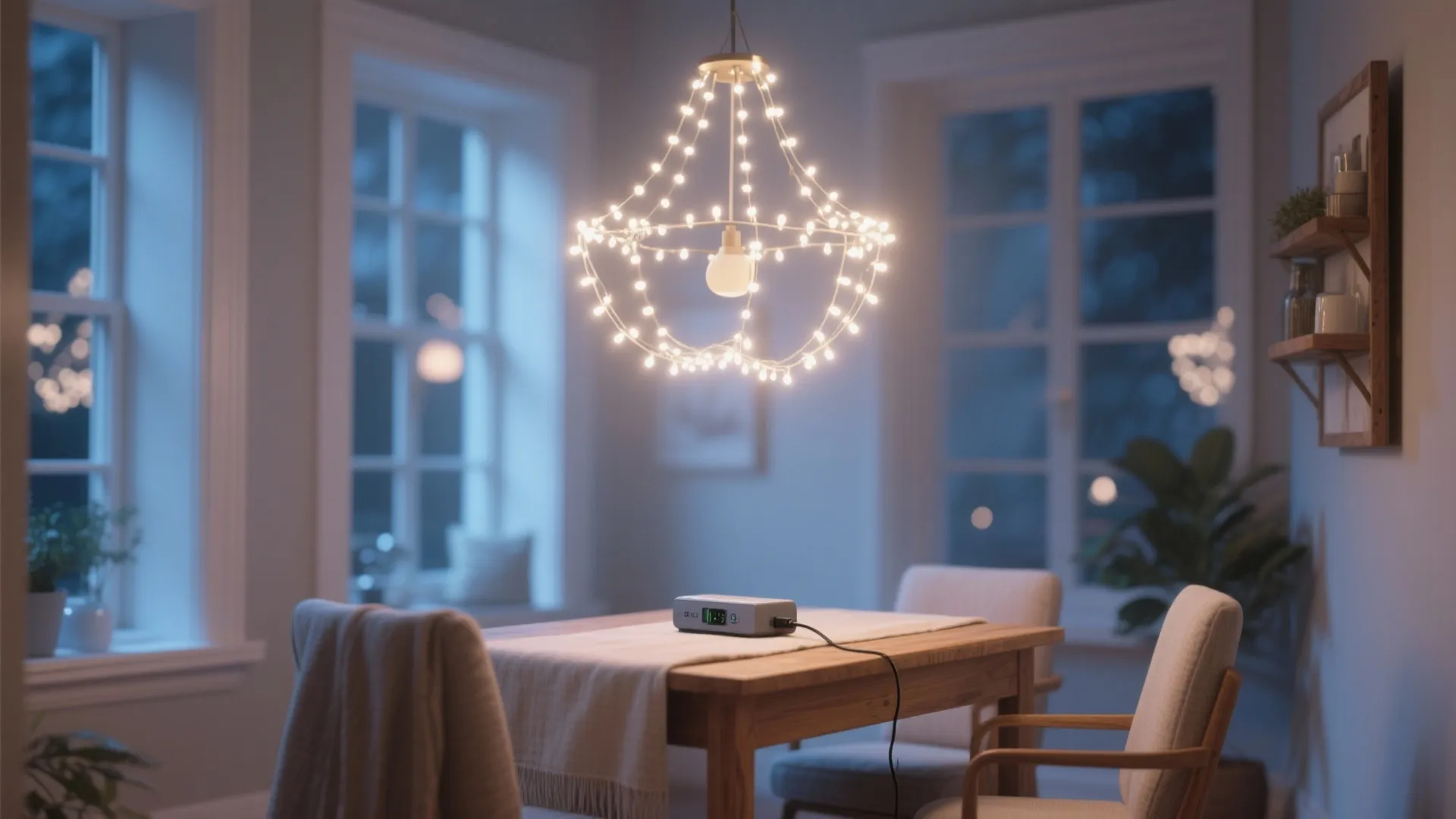 2. String Lights Wrapped Around a Chandelier