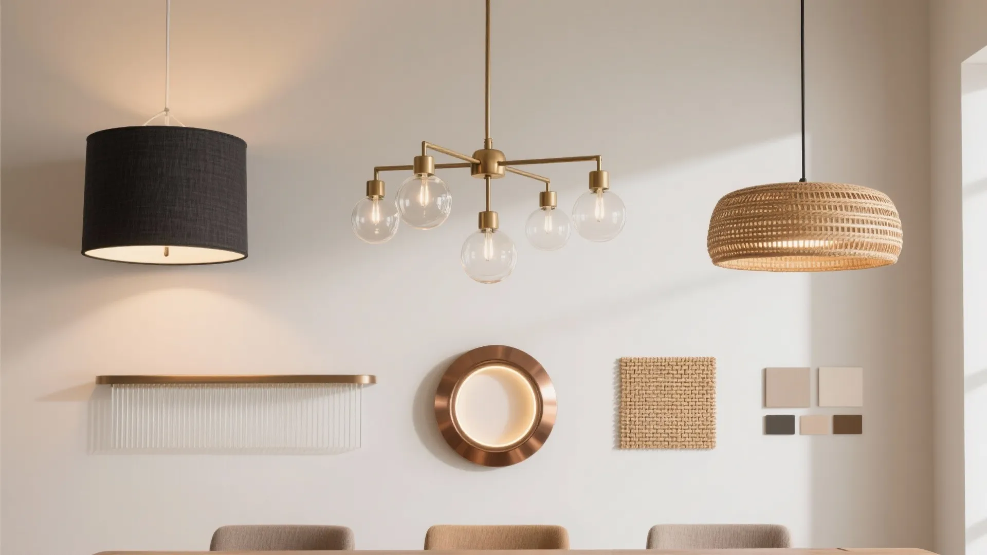 Three different ceiling light styles including fabric, glass, and woven shades on a white wall