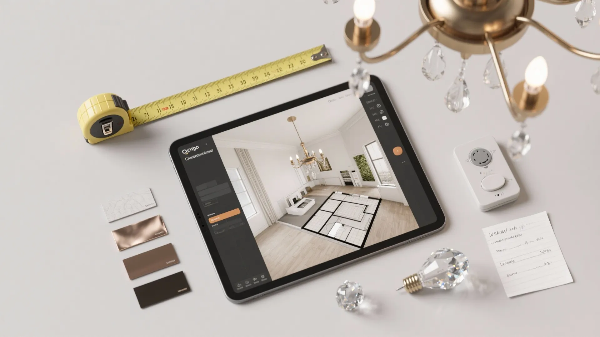 Top-down flatlay of tools and material samples for planning chandelier placement and lighting