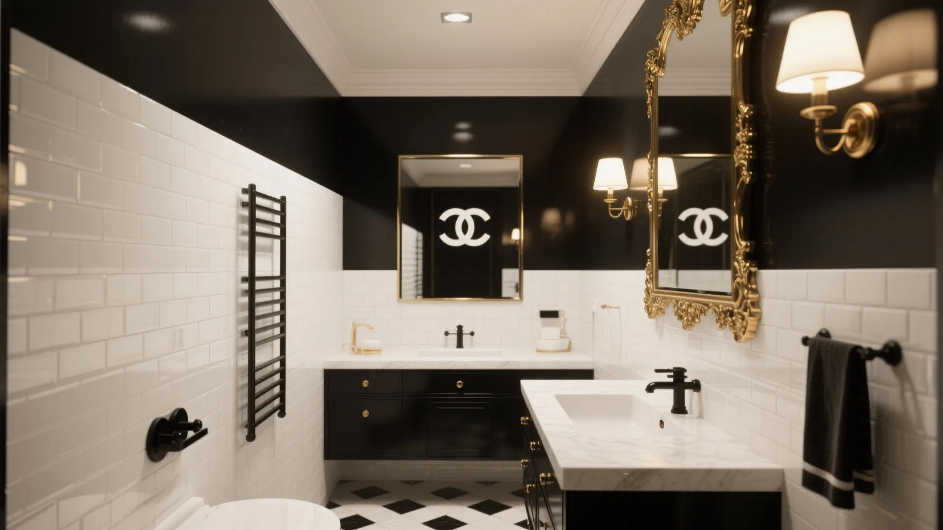 Luxury black and white bathroom featuring gold mirrors marble counters black cabinets and elegant wall lights