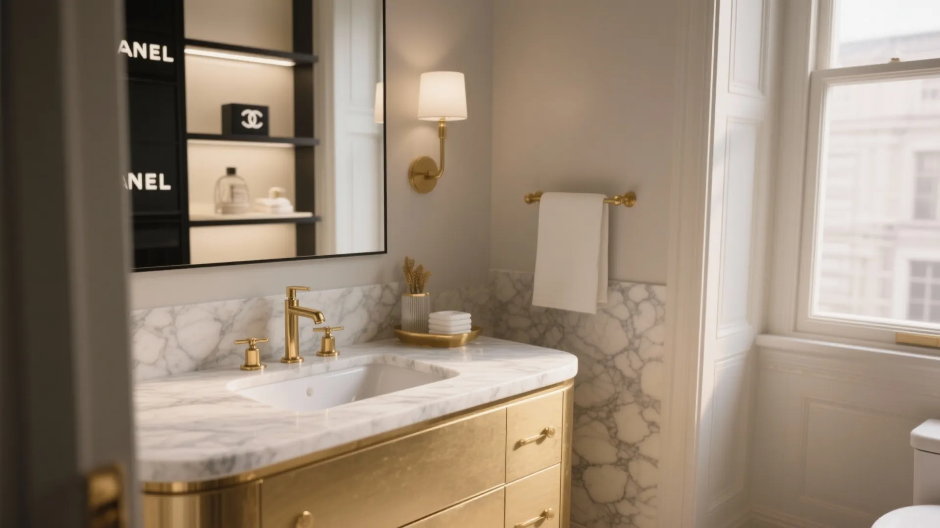 Elegant bathroom featuring white marble countertop gold cabinet gold sink faucet mirror and wall light