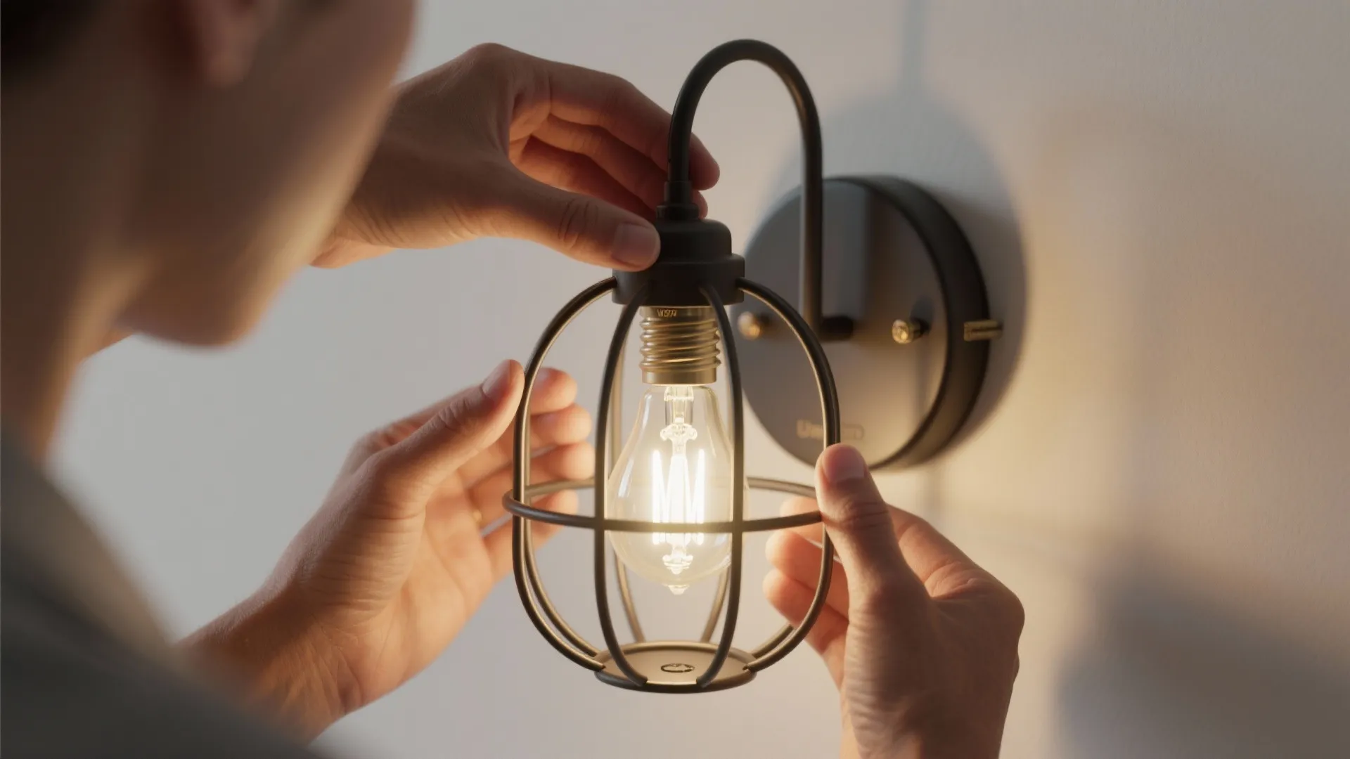Hands replacing an LED Edison-style bulb in a wall sconce to show safe, cool LED replacement.