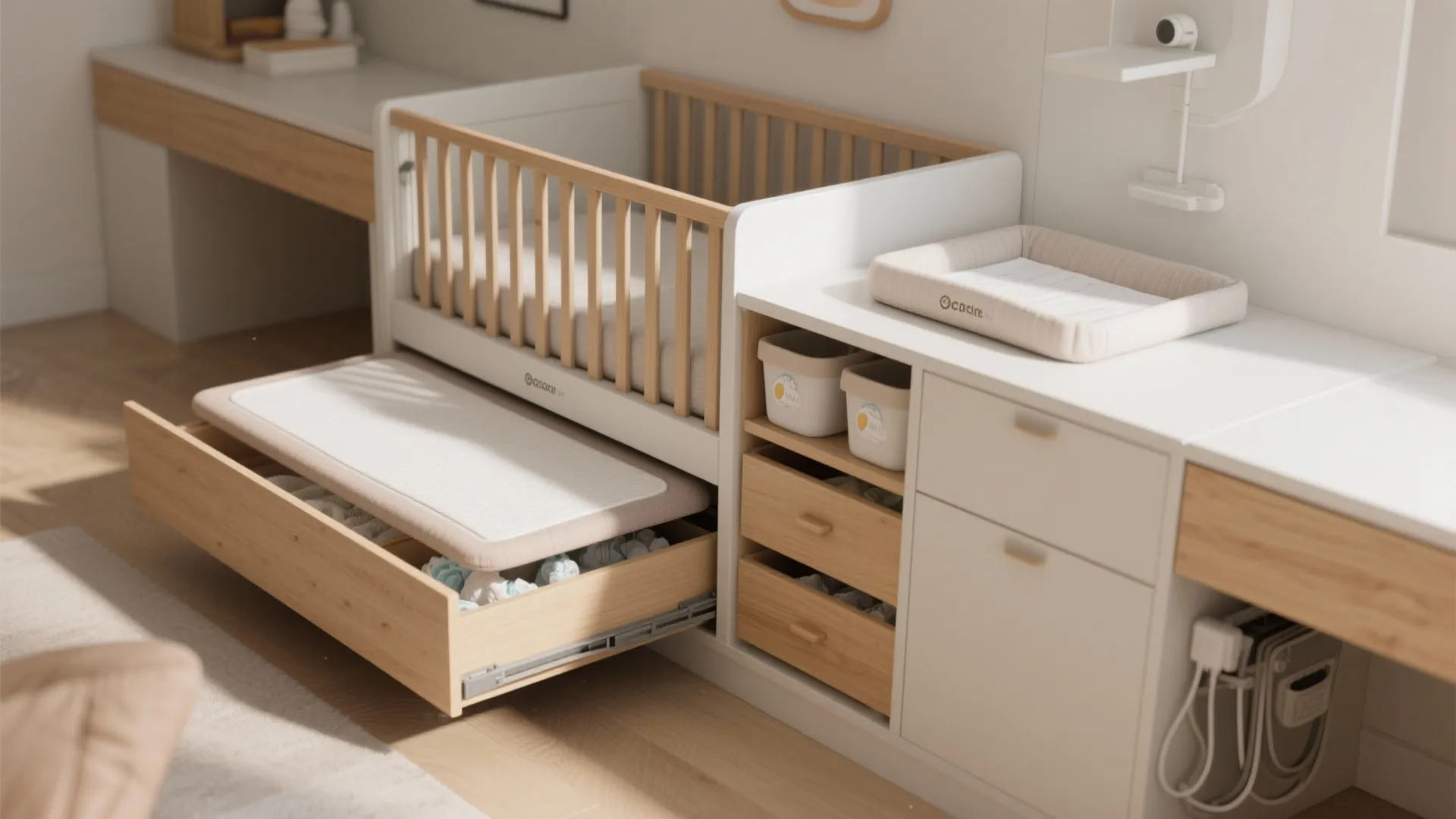 Modern white and wood baby bed including pull out drawer and large side storage cabinet