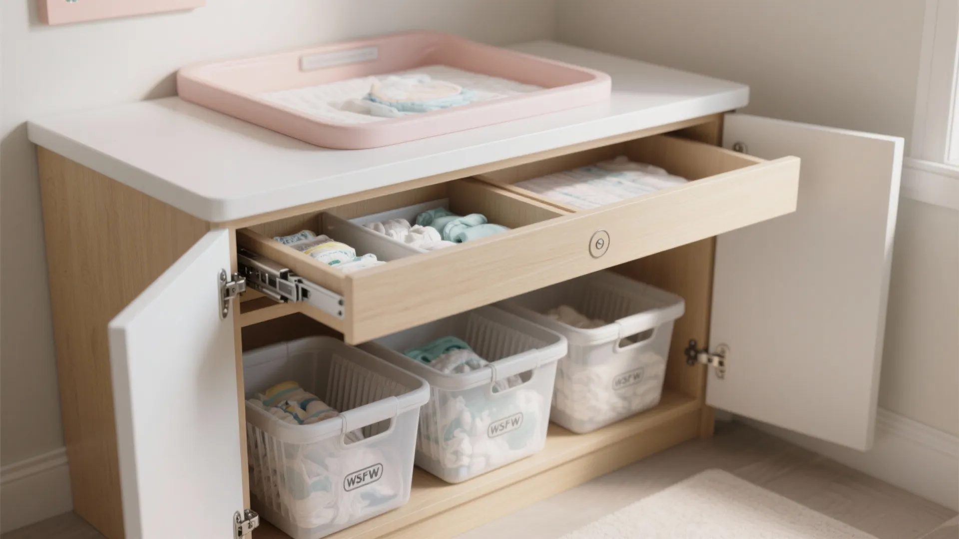 Wooden baby changing table with pink pad featuring open drawers and storage baskets for clothes