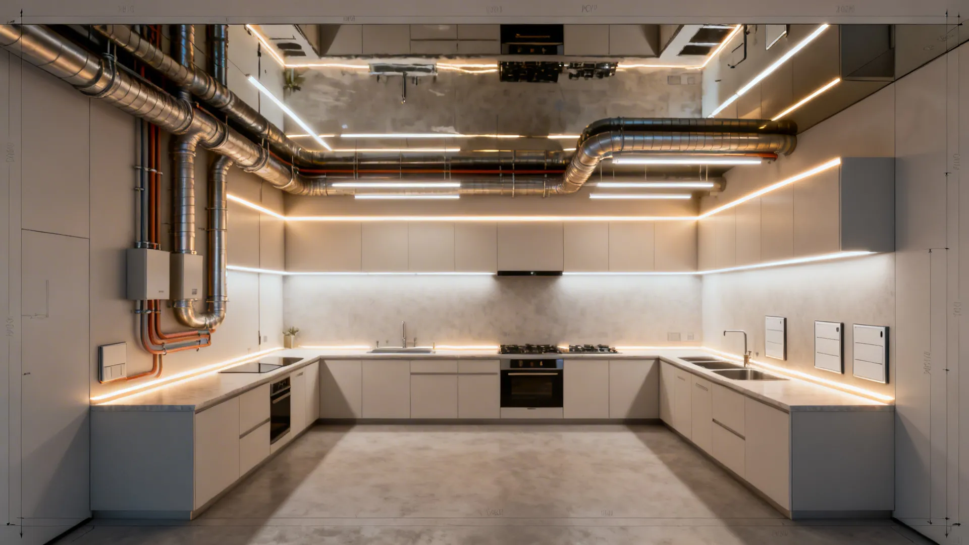 Interior design drawing showing a u-shaped kitchen layout with metal pipes and ceiling led lights