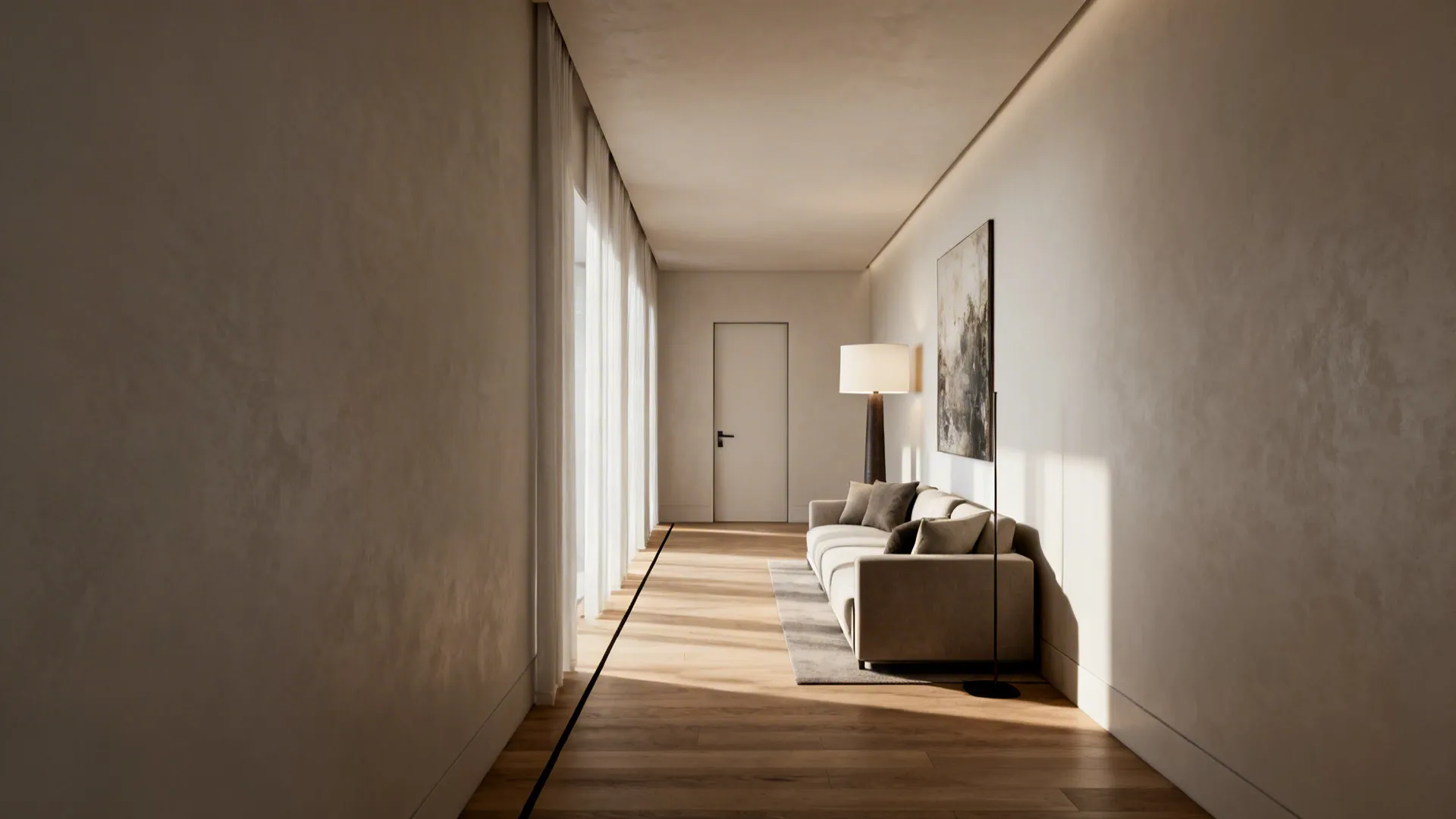 Seating pushed to one wall with a clear circulation strip along the other side of a long living room.