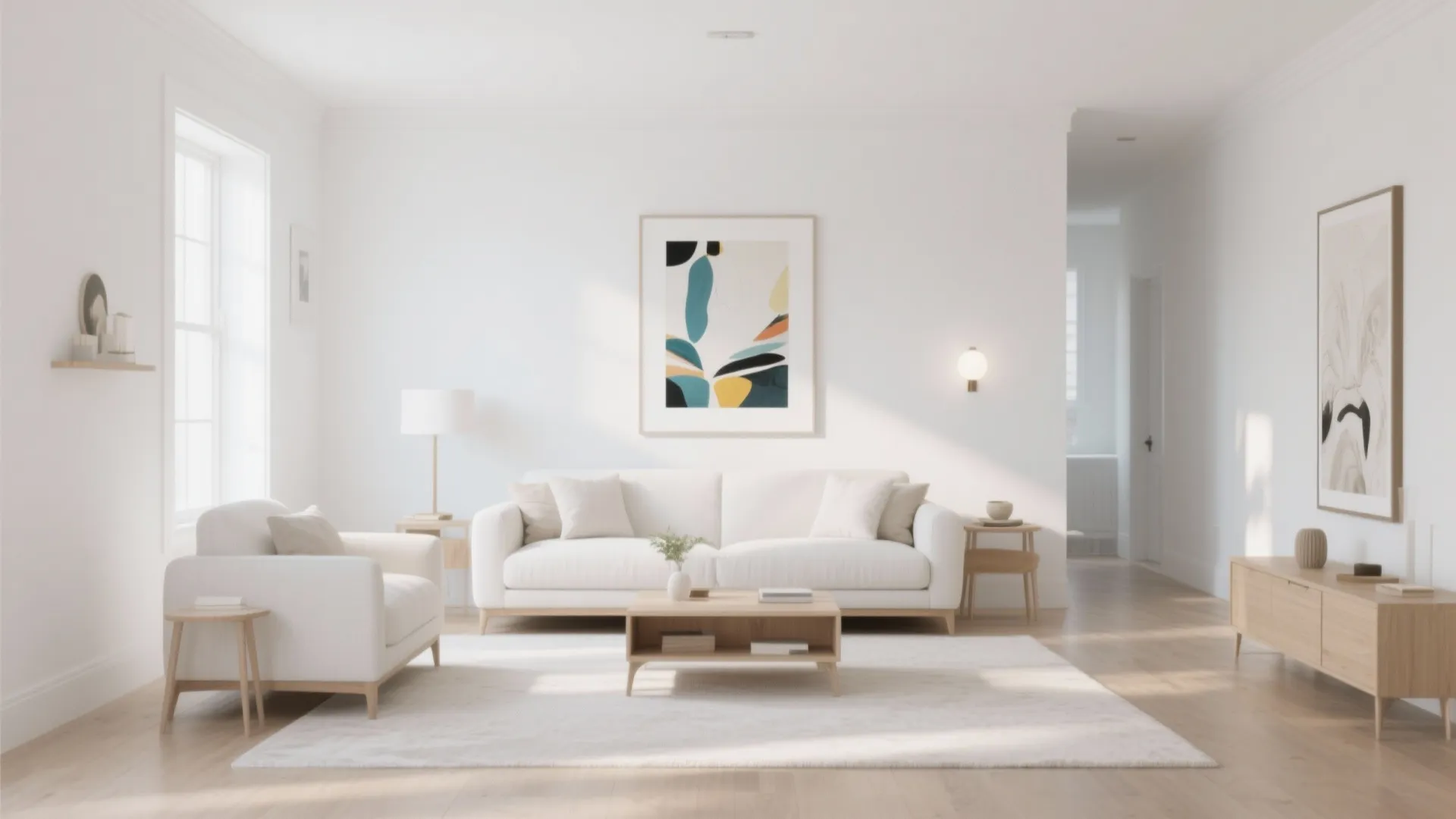 Minimalist living room in Chantilly Lace white with artwork on walls