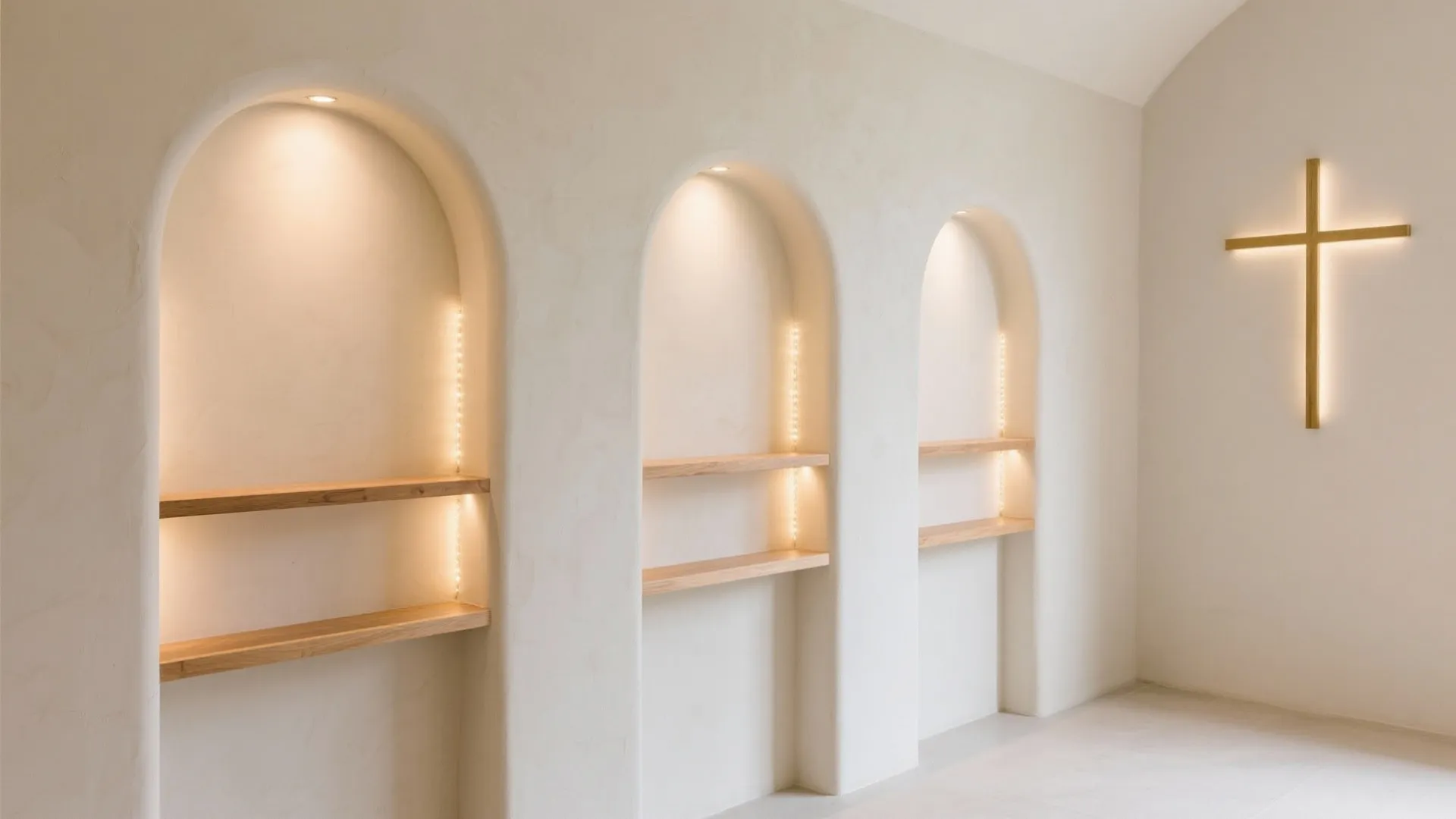 1) Minimalist devotional niches with warm plaster and quiet lighting