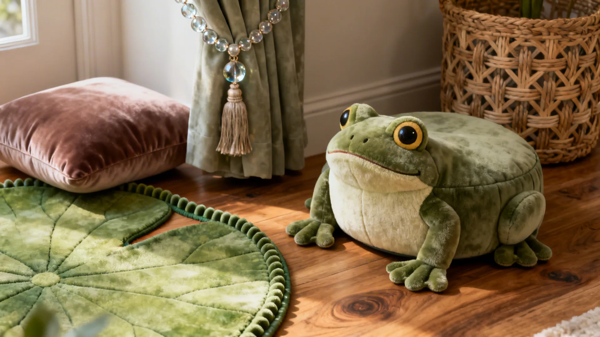 Cluster of selective character accents: frog pouf, lily-pad rug edge, beaded tassel and velvet cushion.