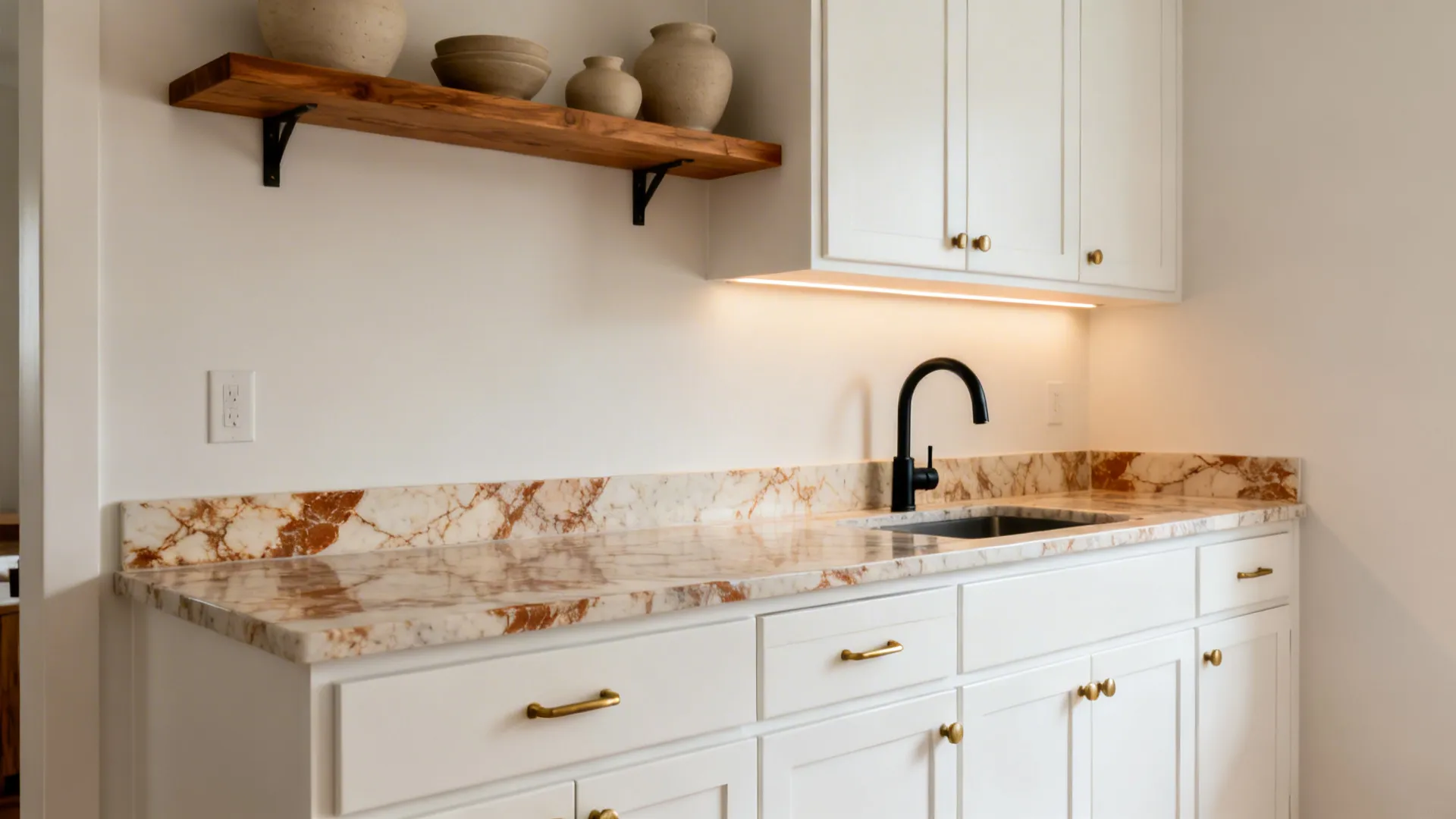 Compact white kitchen with brass pulls, black faucet, and an oak shelf with ceramics.