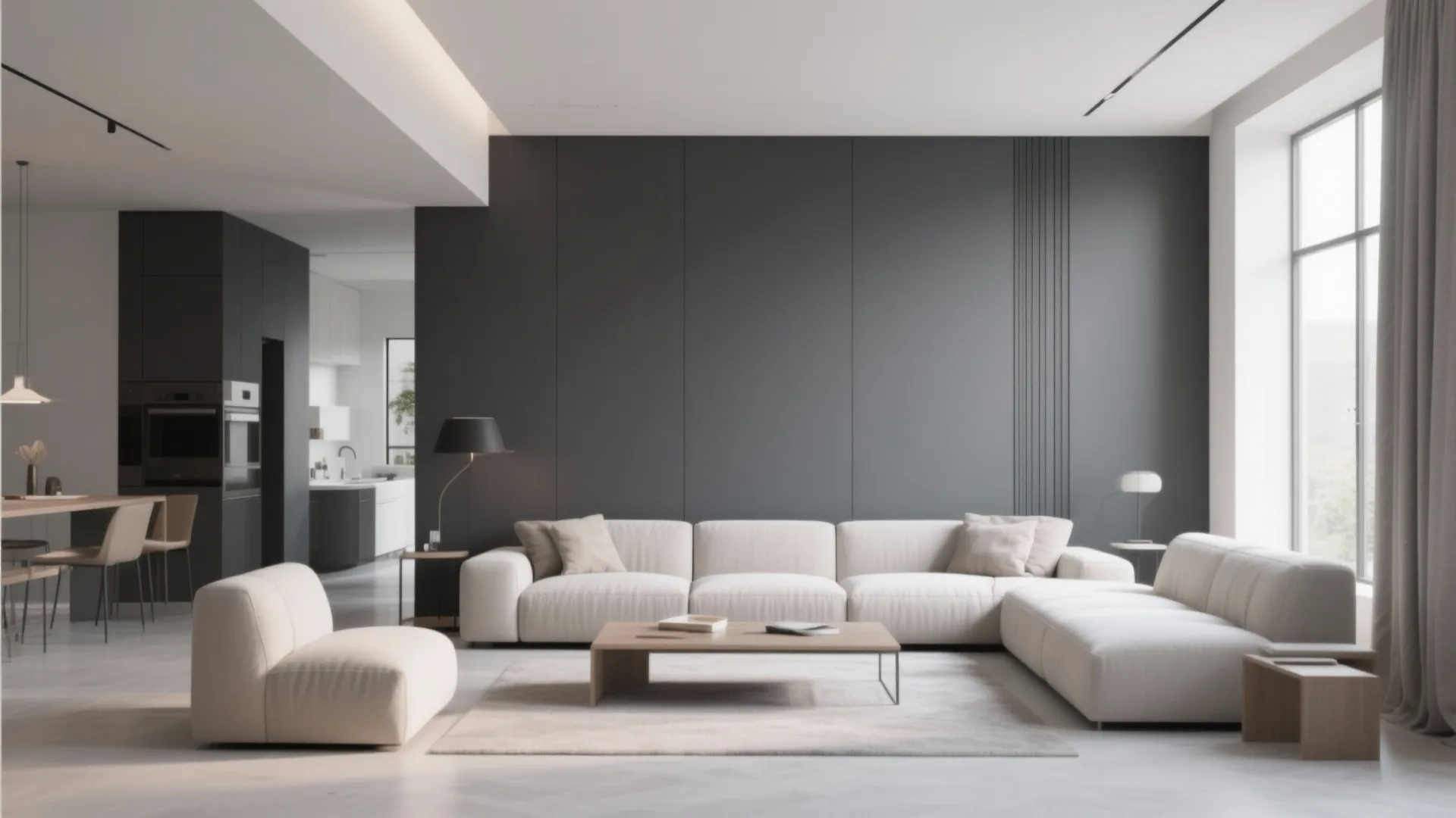 Charcoal accent wall in a modern minimalist living room