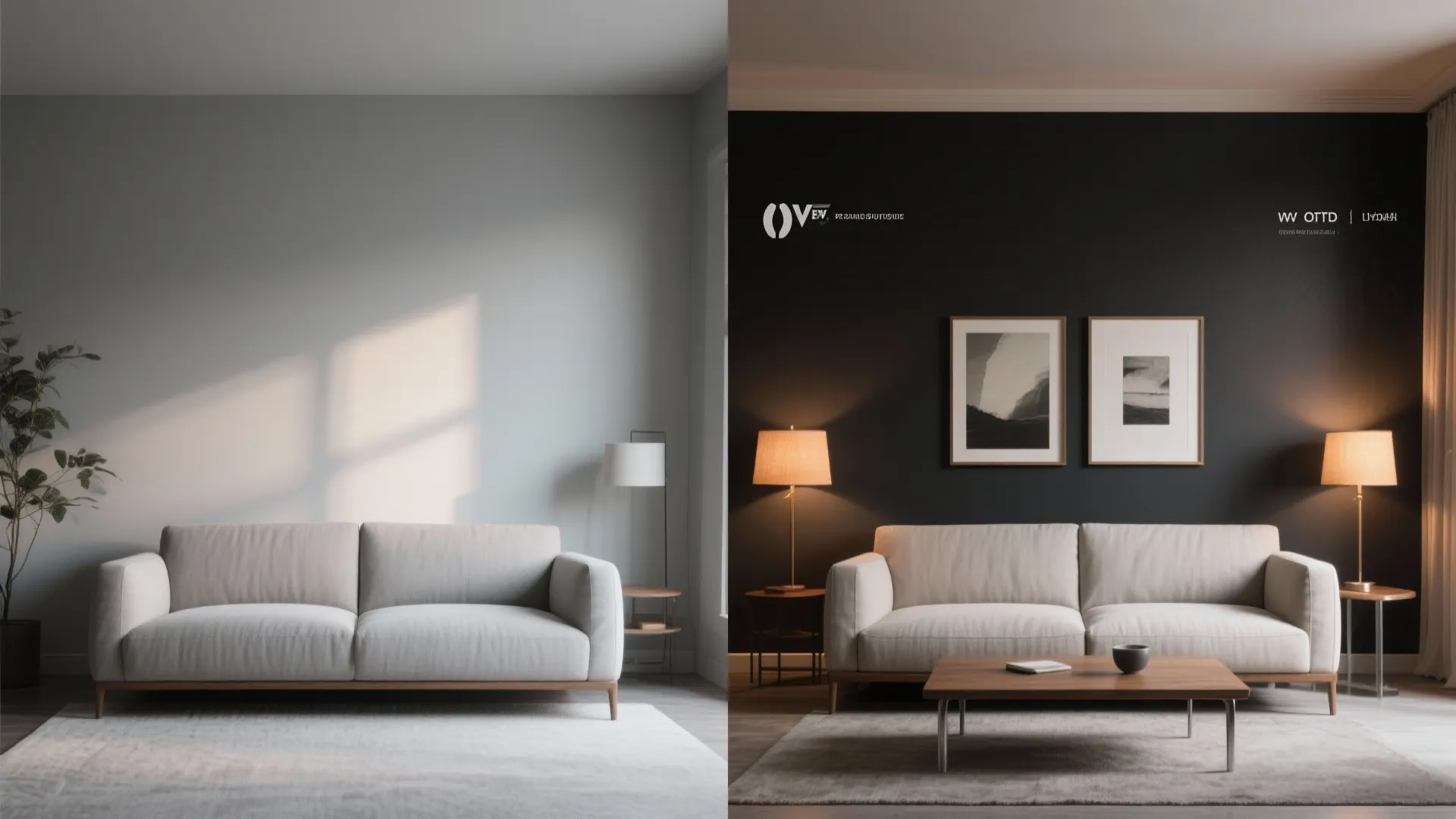 Comparison showing living room with light grey wall versus a dark charcoal black accent wall