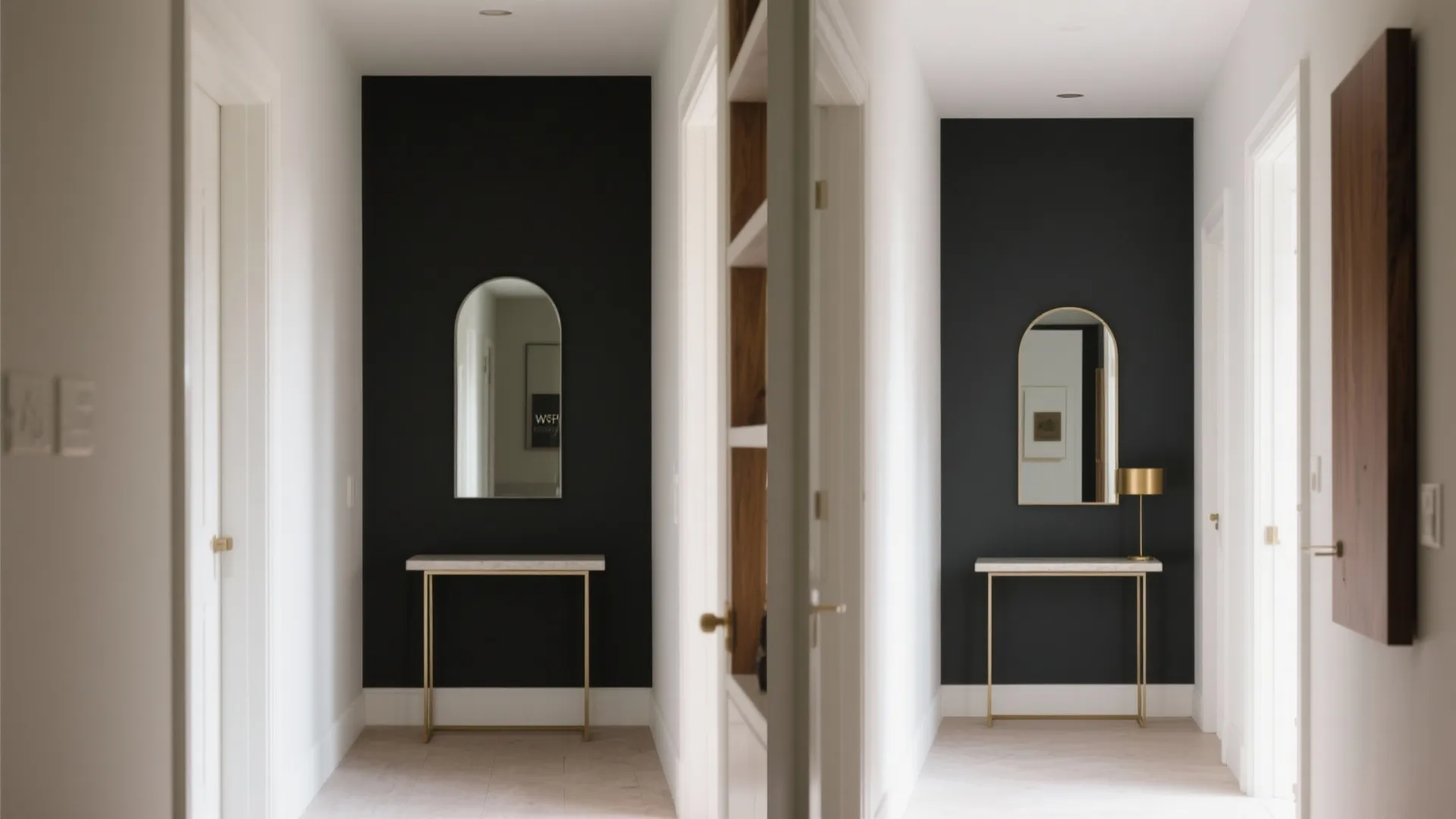 Hallway with black wall, arched mirror, marble table with gold legs, and small gold lamp