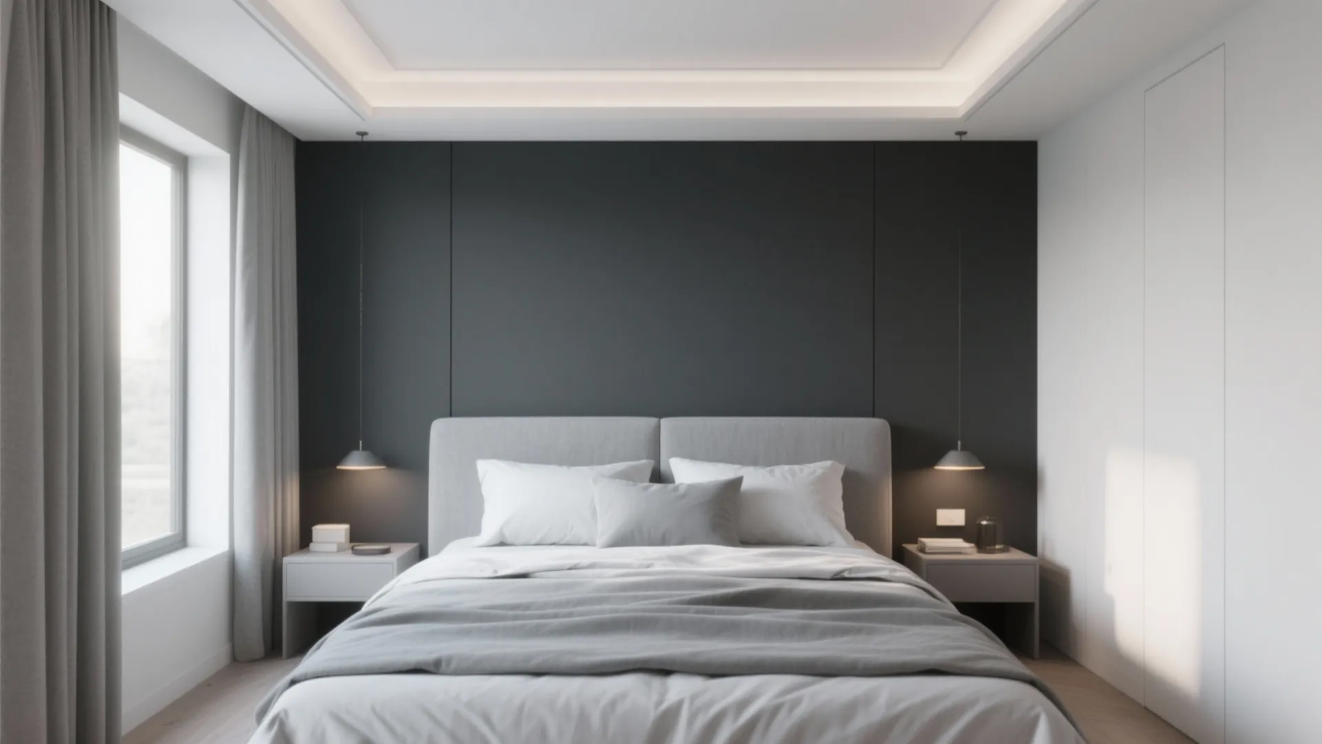Modern bedroom with dark grey wall panel, white bed, side tables and two hanging lights