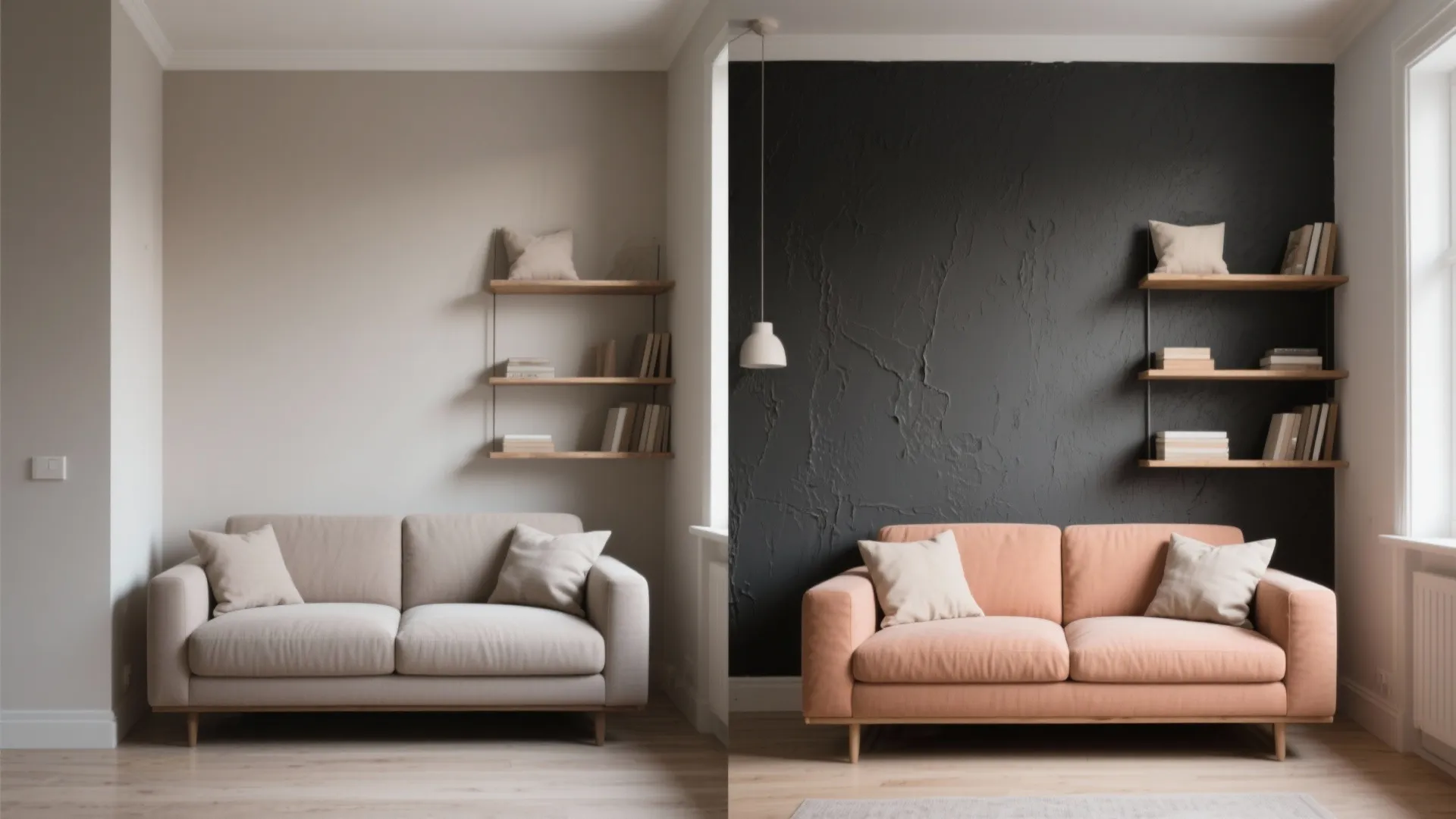 Side-by-side living room comparison showing white wall versus dark charcoal accent wall with modern sofa