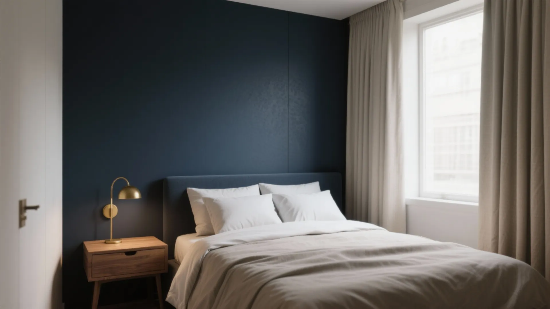Modern bedroom with dark blue wall white bedding wooden nightstand and a gold wall light