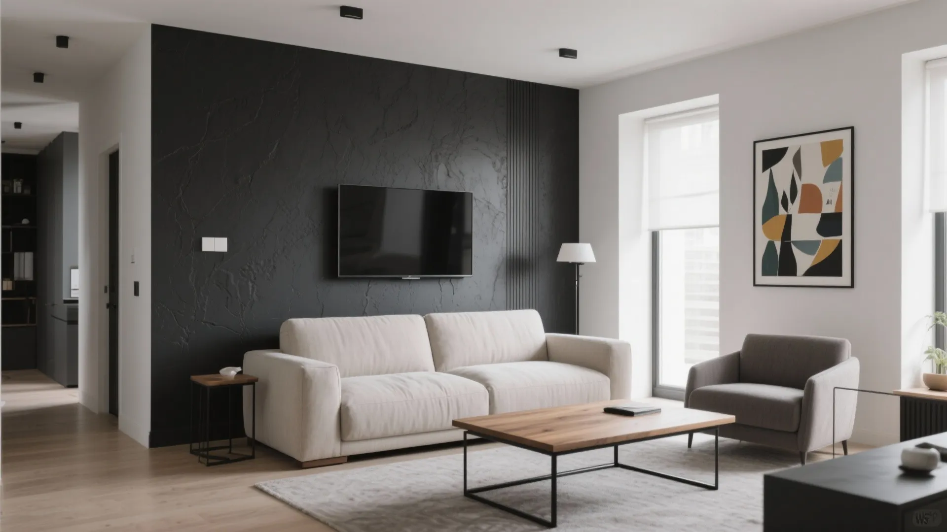 Modern living room with black accent wall television white sofa wooden table and grey armchair