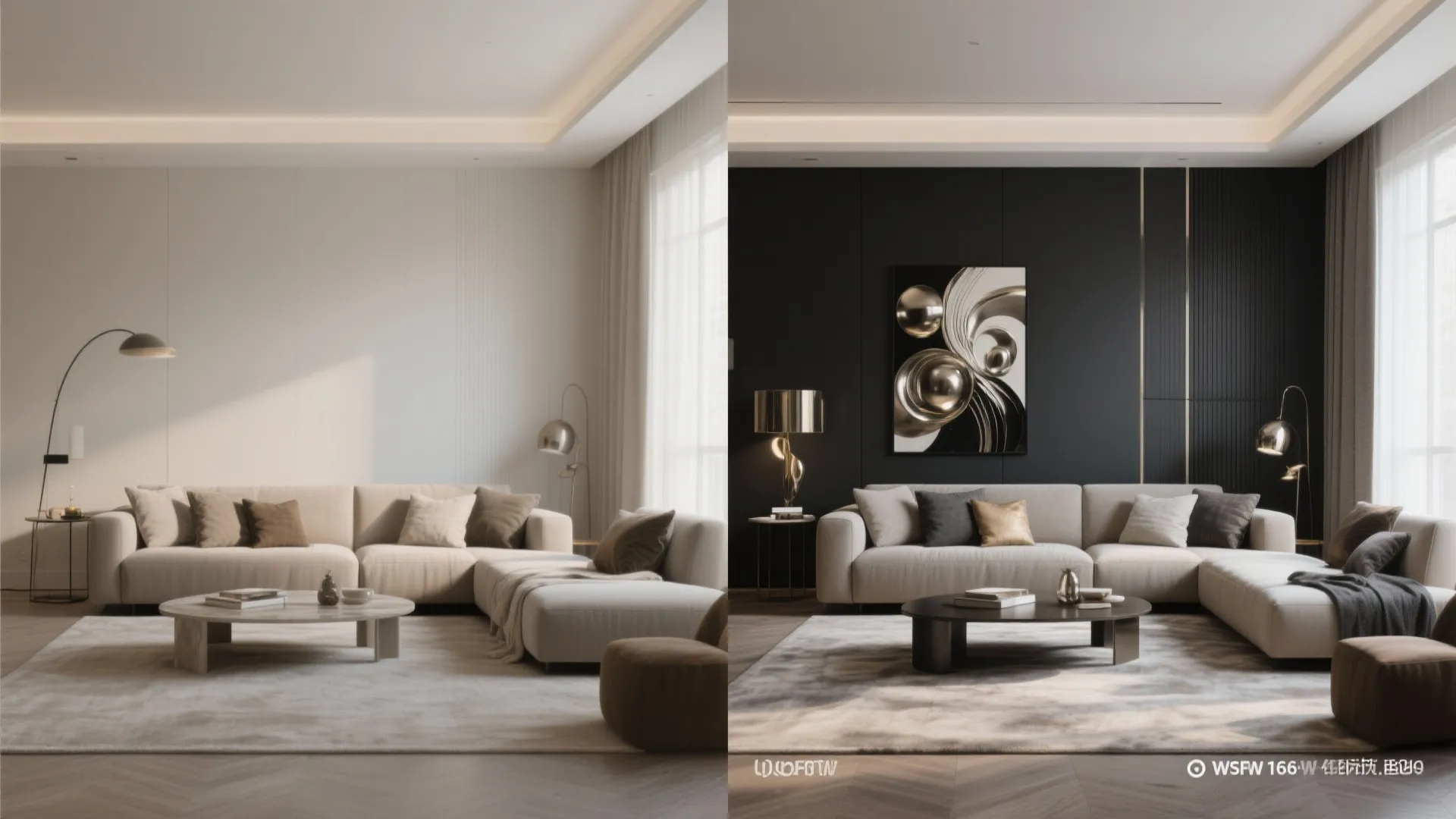 Side by side comparison of a light cream living room and a dark charcoal room