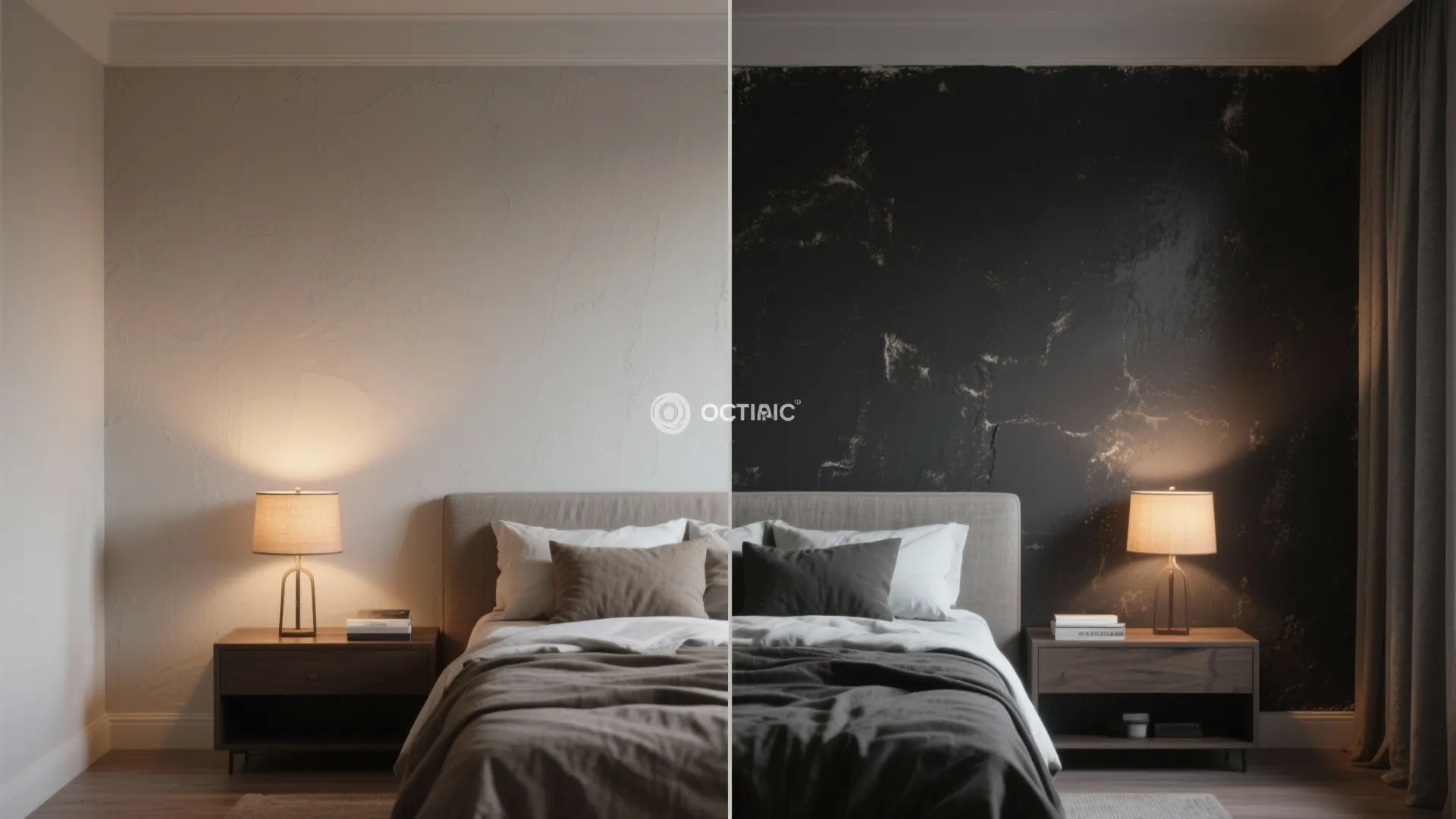 Before and after comparison of a bedroom with a light white wall versus dark charcoal wall