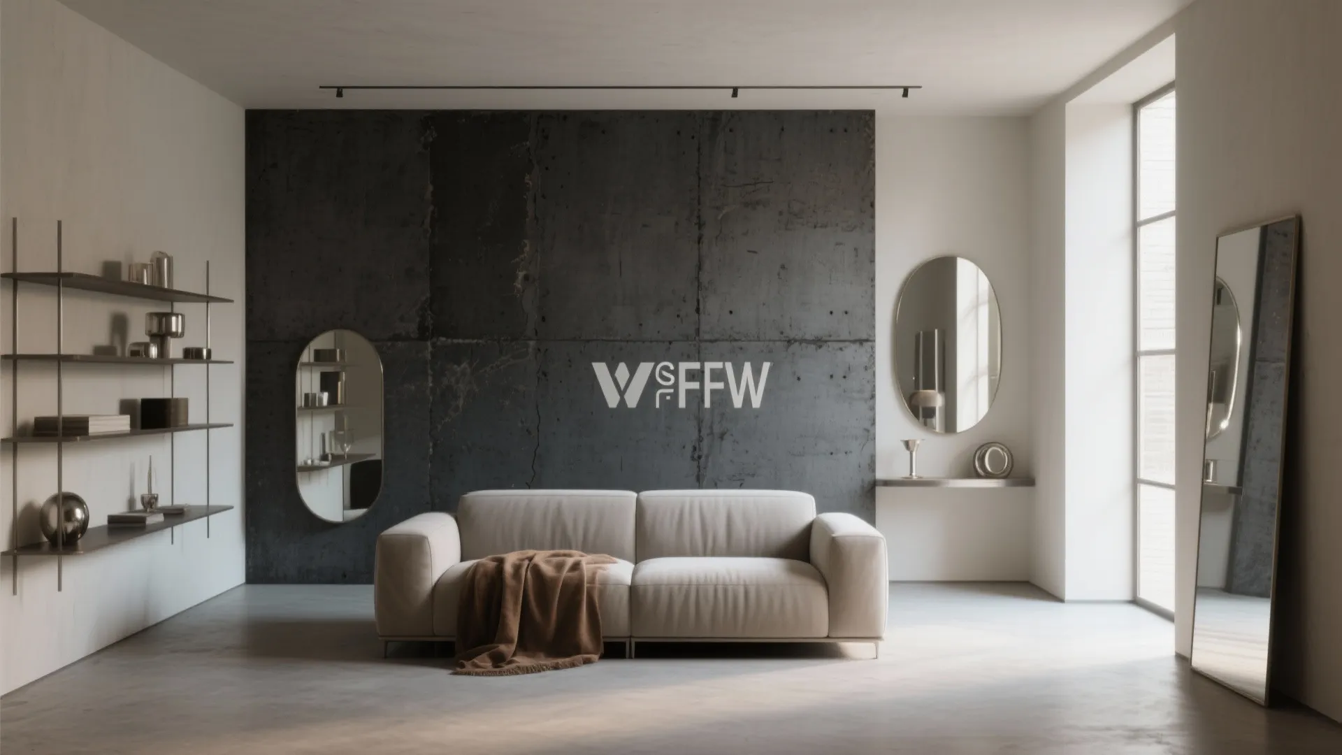 Modern living room with white sofa dark grey accent wall oval mirrors and metal shelving