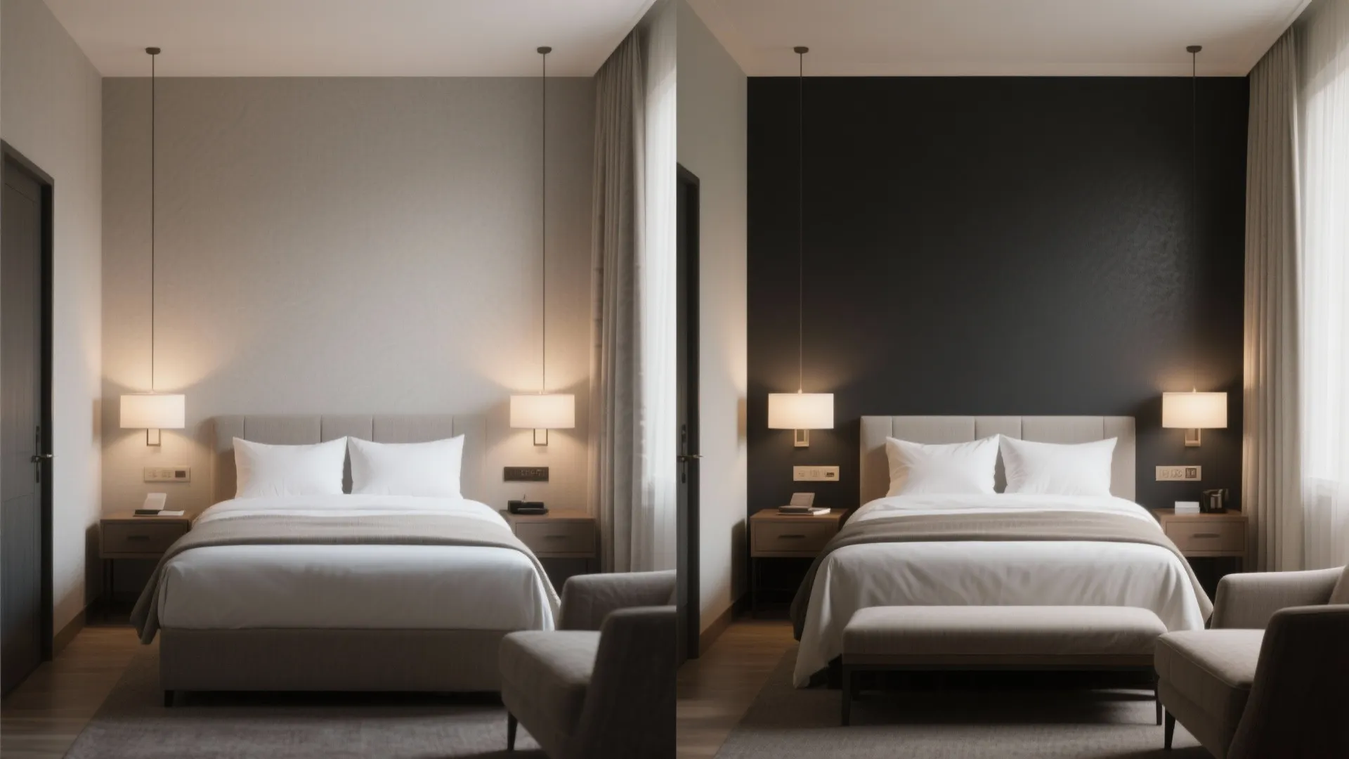 Split-screen showing before (light gray) and after (deep charcoal accent wall) in a small guest room