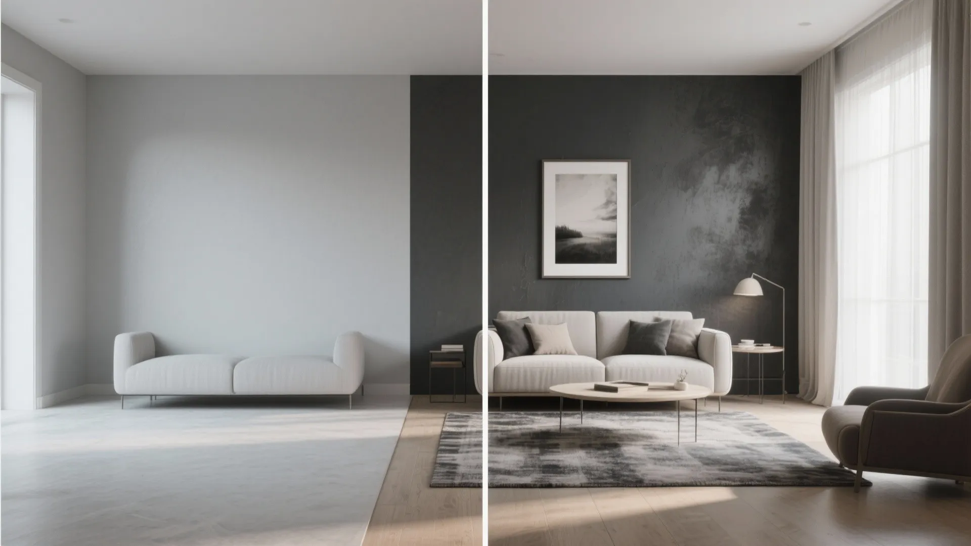 Comparison of a simple white wall room versus a decorated space with dark accent wall panel