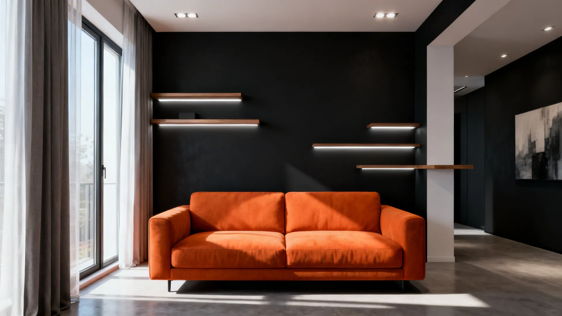 Compact living room with a deep charcoal accent wall and an orange sofa creating high contrast.