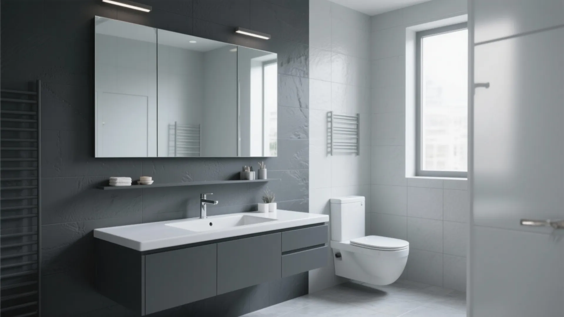 Bathroom with charcoal accent wall behind vanity