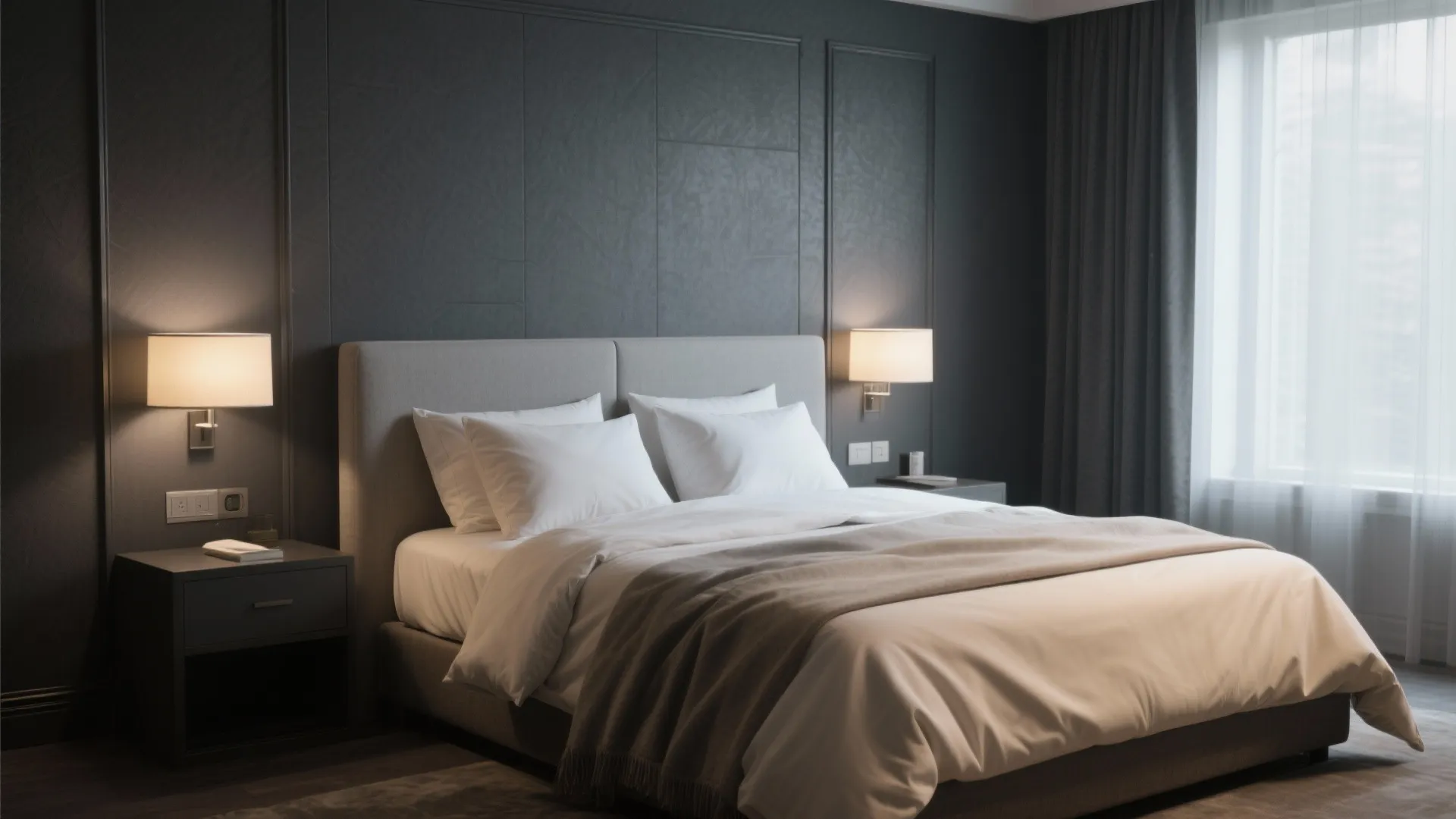 Modern bedroom with dark grey wall panels white bedding two wall lights and dark curtains