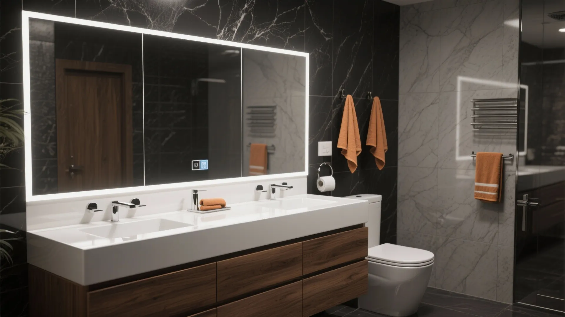 3. High-contrast charcoal accent wall with glossy white vanity