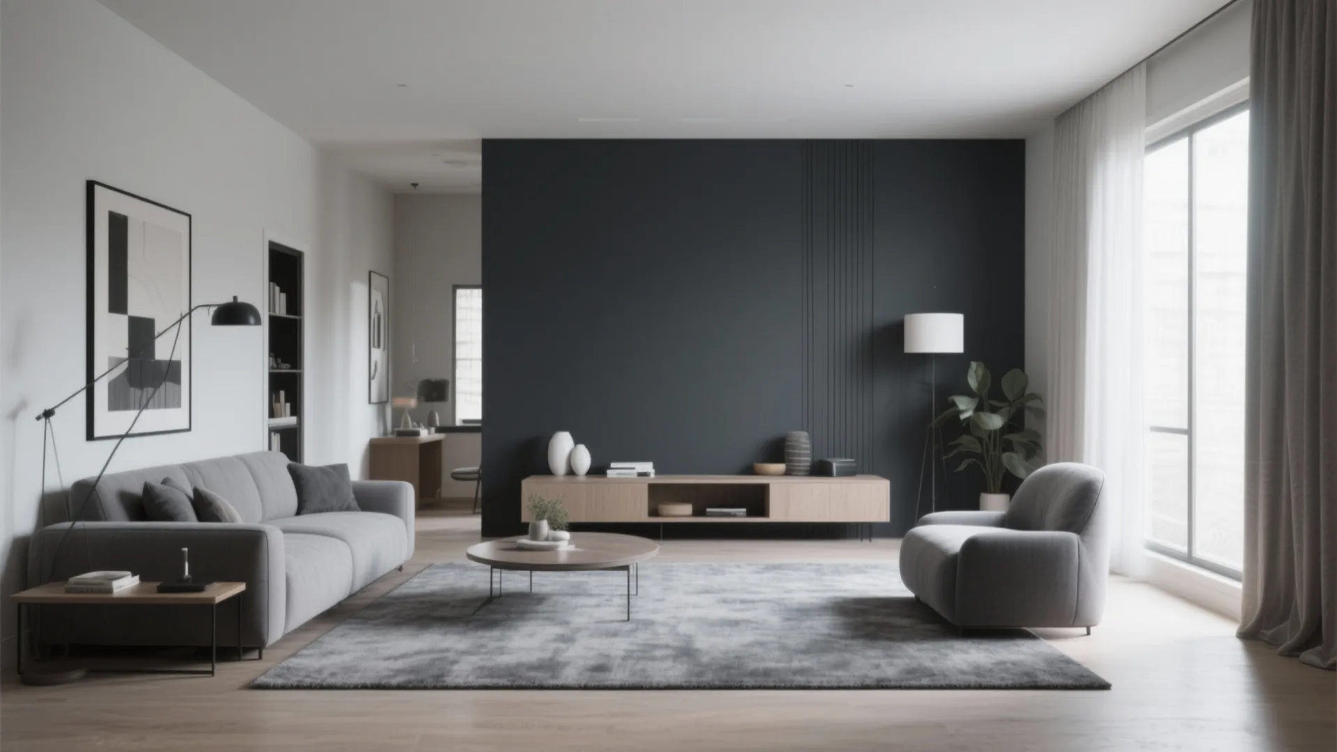 Living room with grey carpet and charcoal accent wall