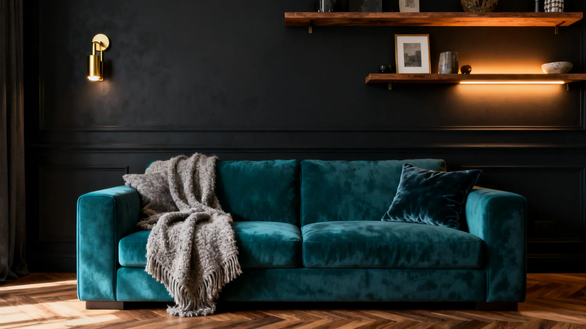 Deep charcoal feature wall with a teal sofa, brass sconces, and floating shelves in a small living room