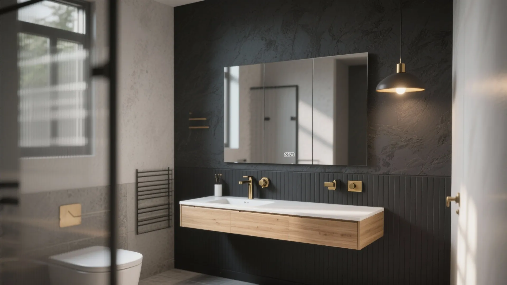 Bathroom with matte charcoal accent wallpaper behind a light oak floating vanity and brass fixtures