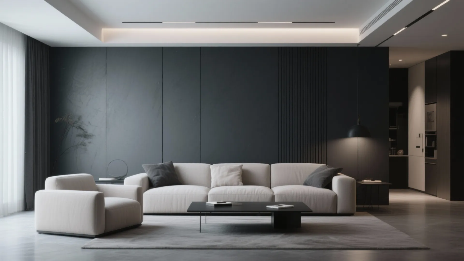 Minimalist interior design drawing showing dark grey wall panel with white sofa and floor light