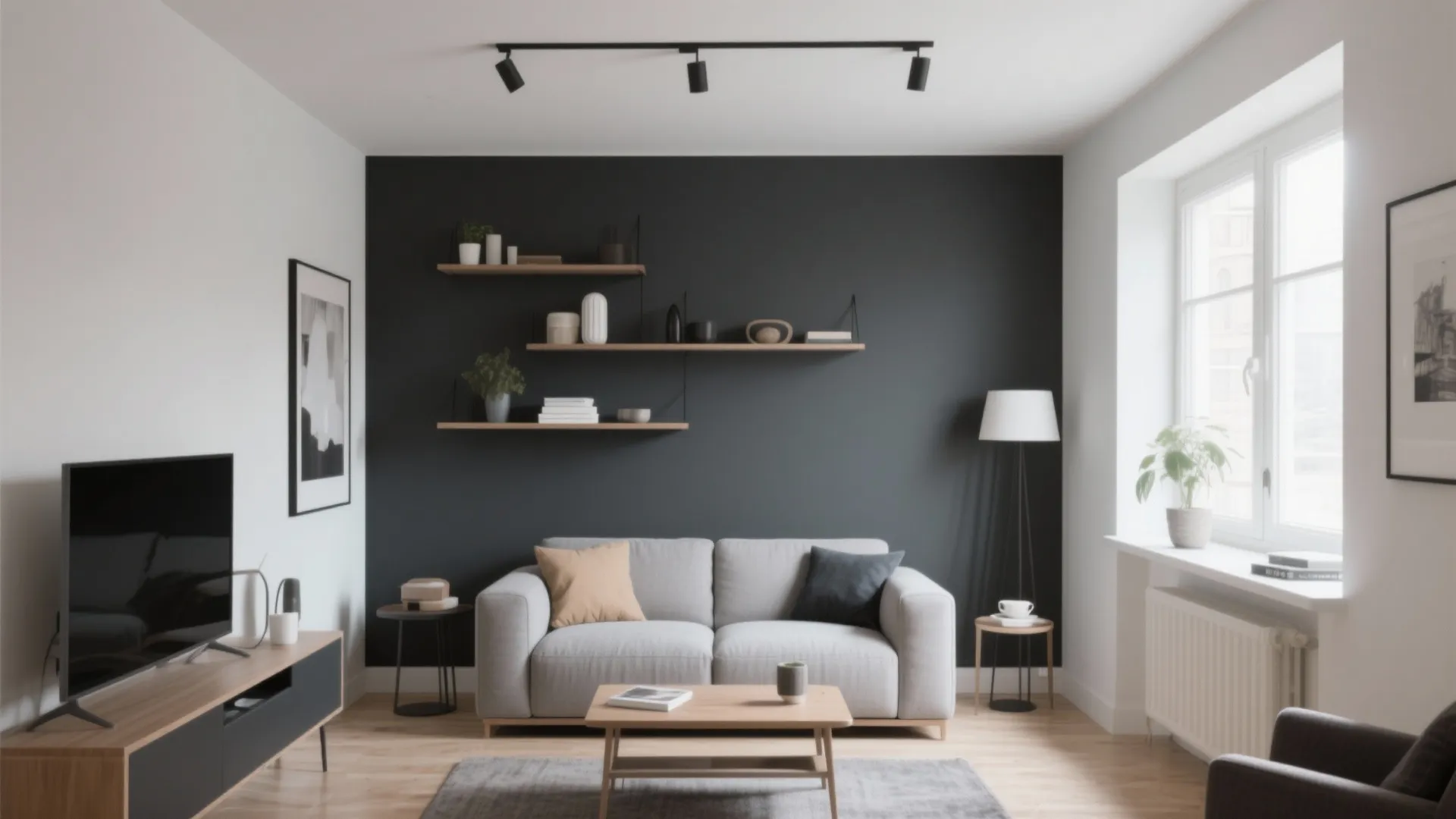 Minimalist living room with dark gray wall wooden floor gray sofa and black track lighting