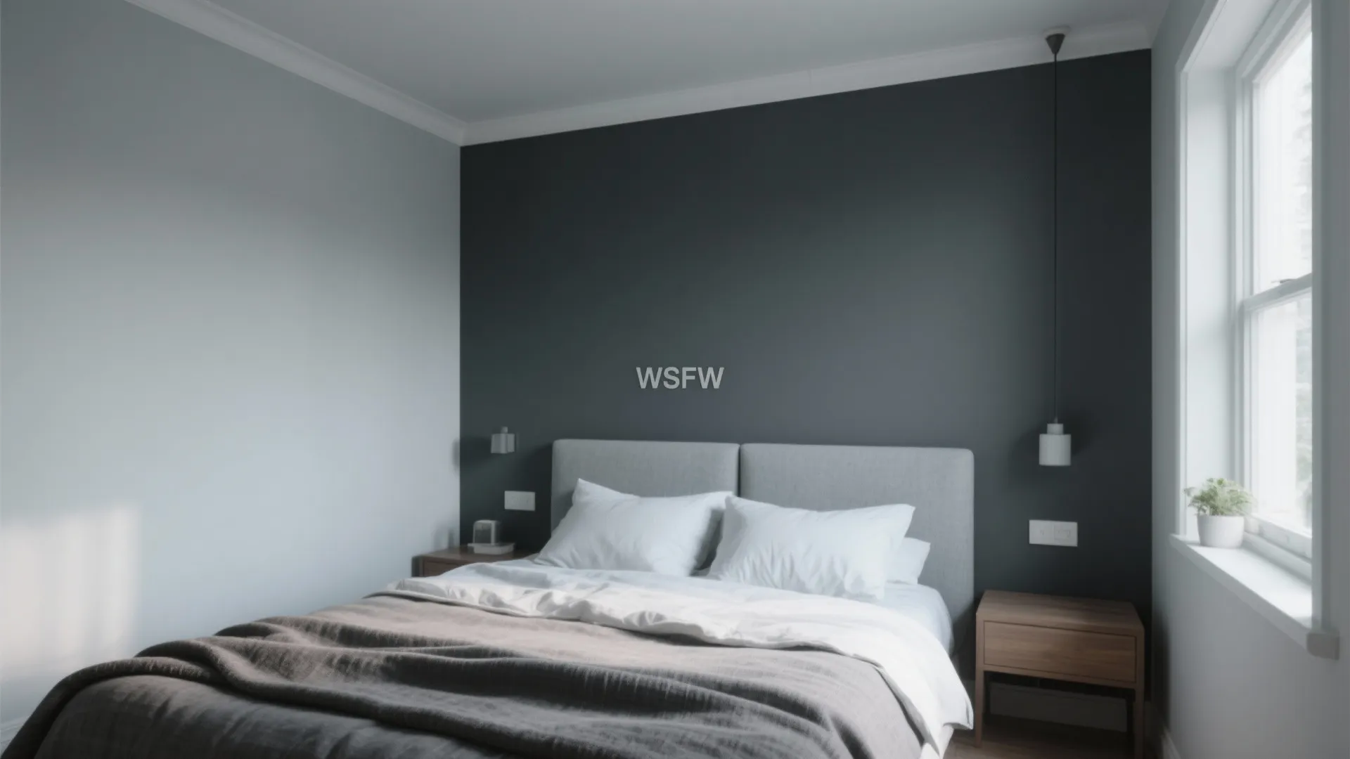 Modern bedroom with dark grey wall light grey bed wooden side tables and simple light