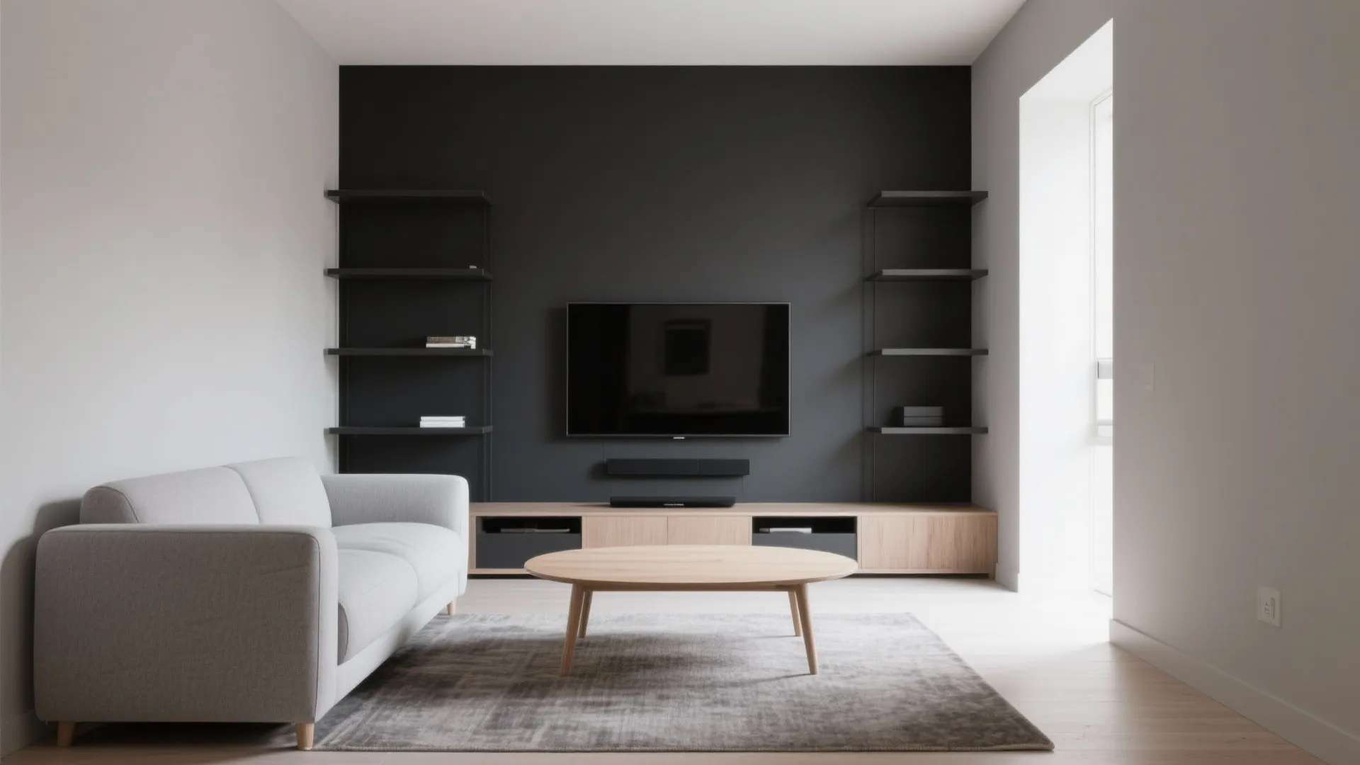 Modern living room featuring charcoal accent wall with television and wooden cabinet plus grey sofa