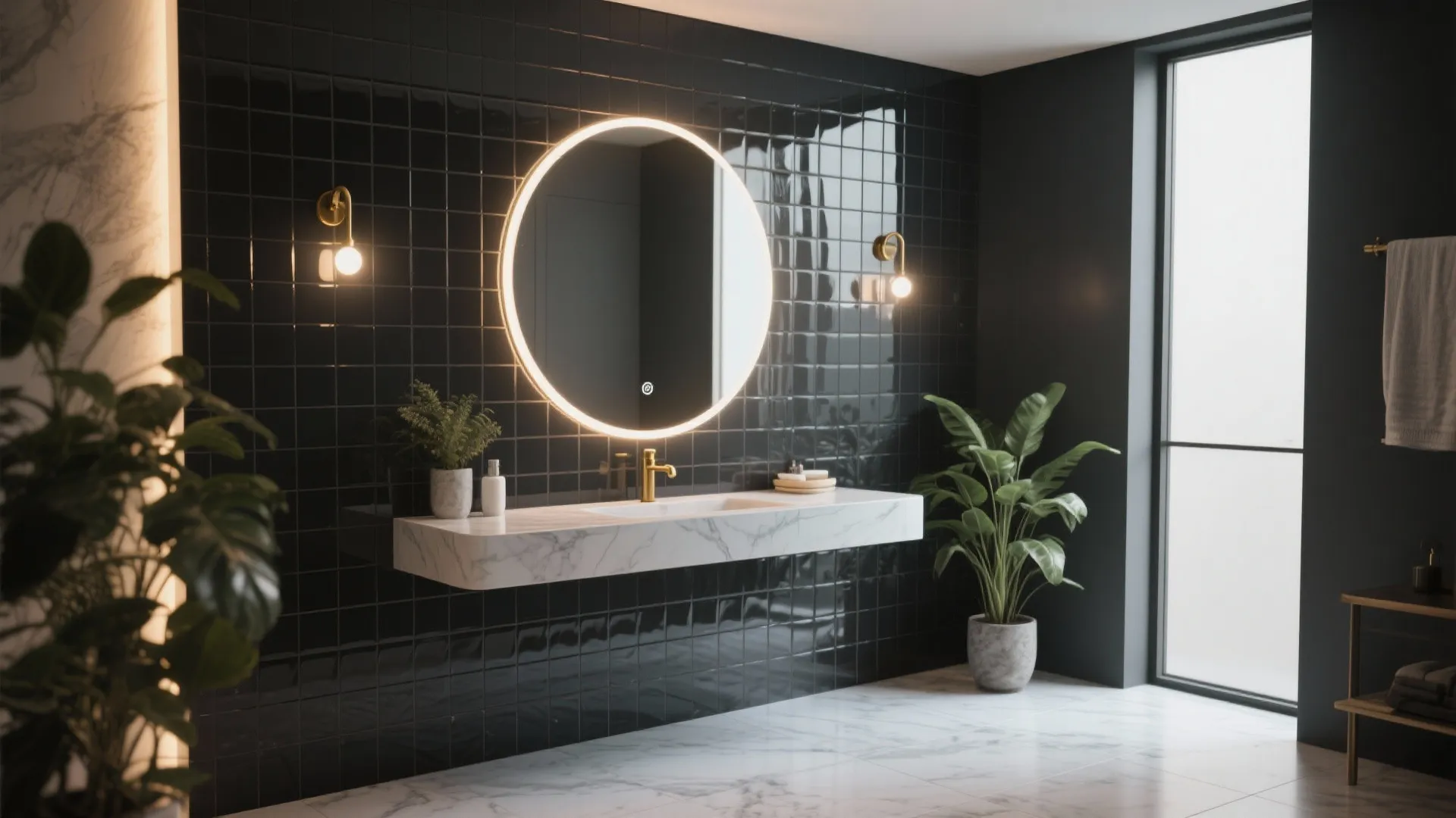 Polished charcoal tile accent wall behind floating vanity with warm lighting