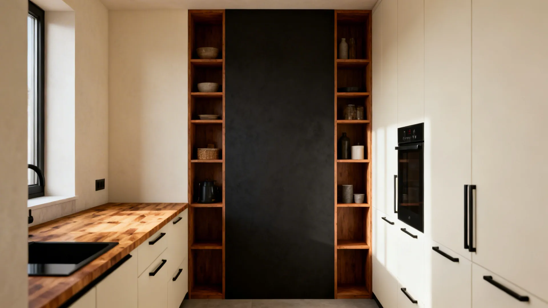 Small kitchen with a charcoal accent wall behind wood shelves for added depth.