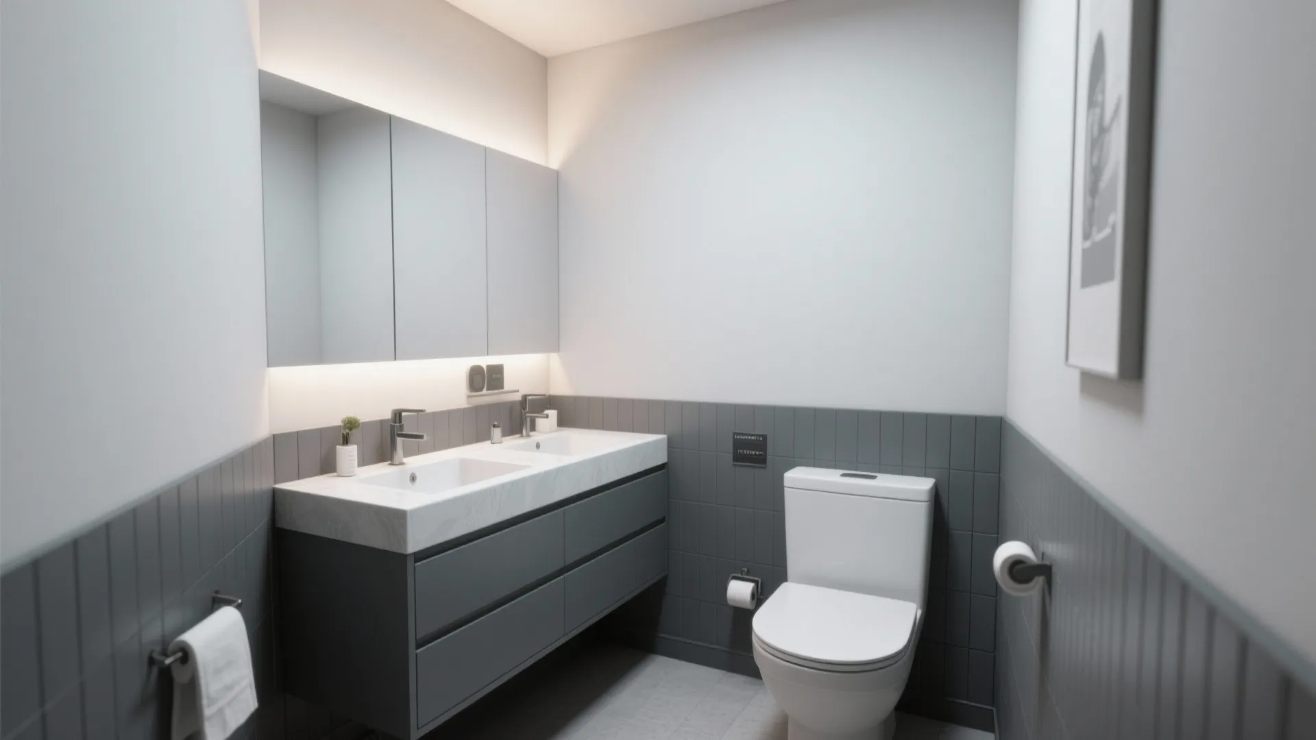 Modern bathroom with double sink cabinet grey wall panel white toilet and large lighted mirror
