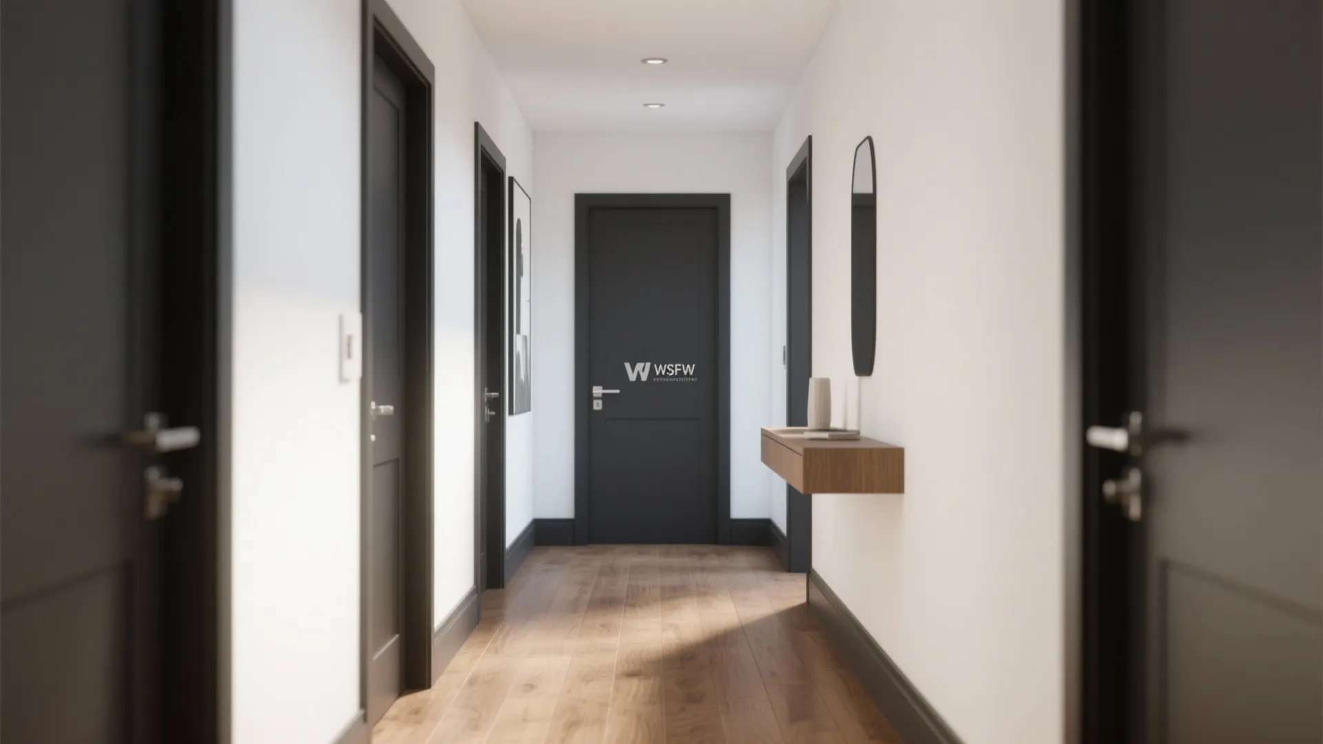 Modern white hallway featuring dark grey doors wooden flooring a floating shelf and a mirror