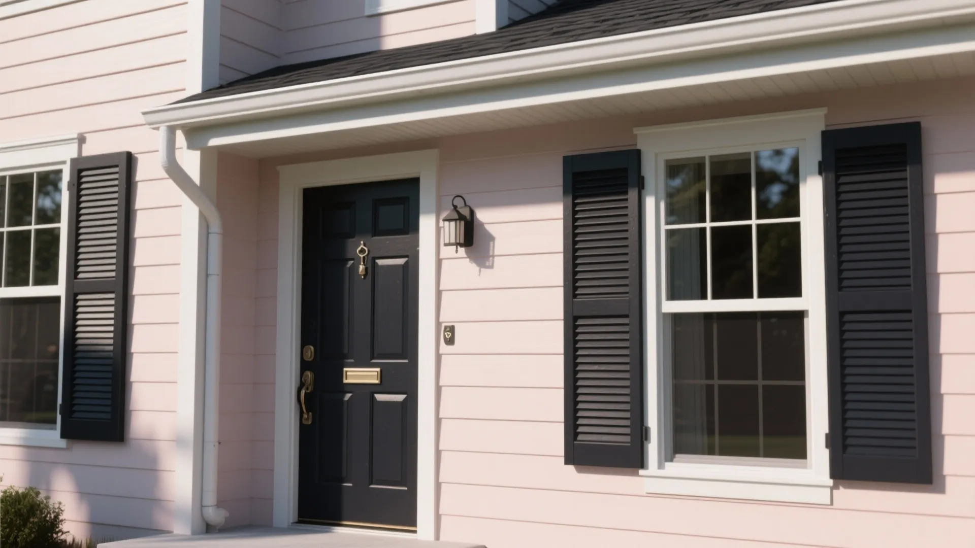House facade showing deep charcoal shutters and door contrasted with magnolia siding.