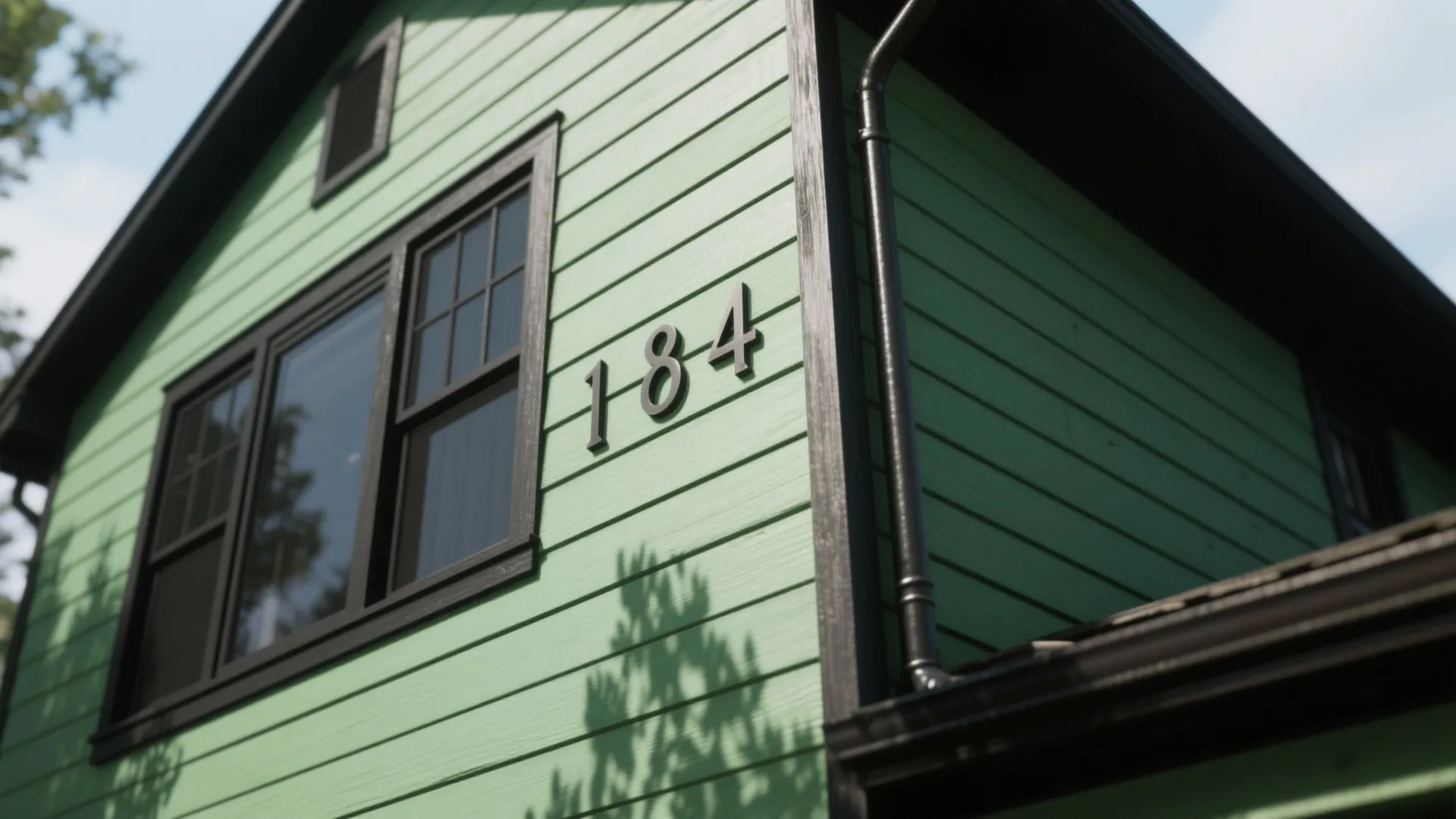 Forest green siding contrasted with deep charcoal window frames and house numbers in soft daylight.