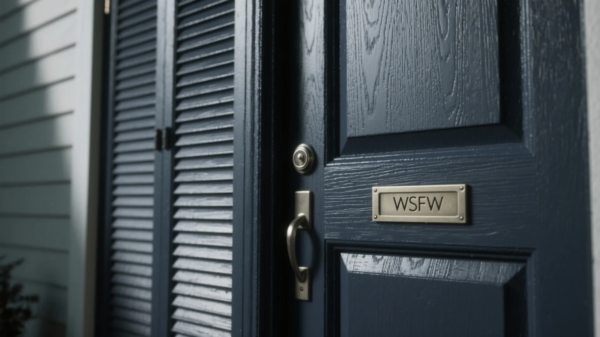 Close up of a dark blue wooden front door with a metal handle and name plate